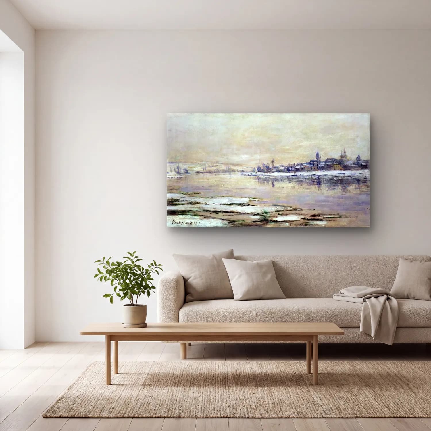 Claude Monet – The Breakup of the Ice at Lavacourt cam tablo — açık renk salonda