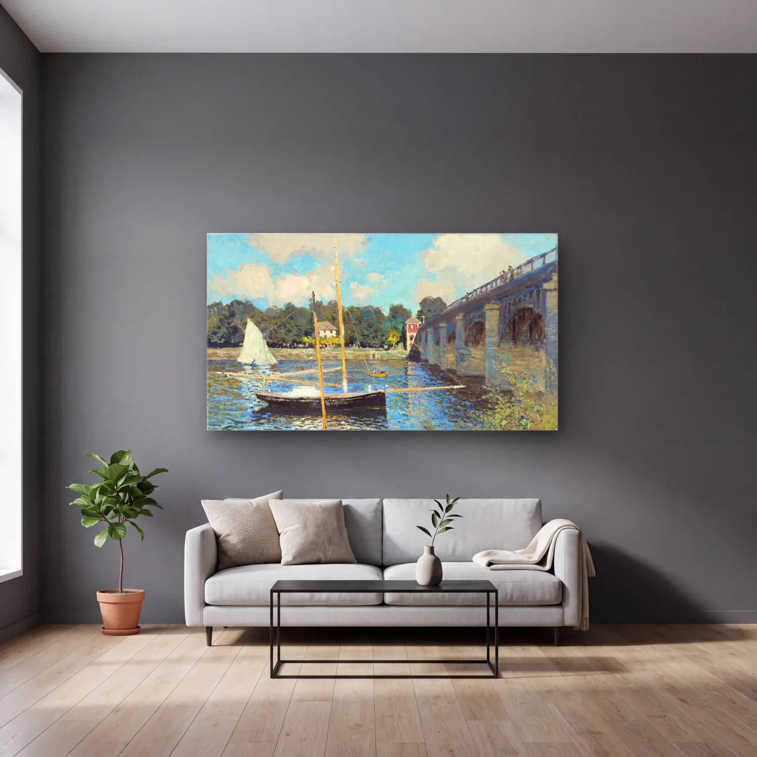 Claude Monet – The Bridge at Argenteuil – Bej Tonlar cam tablo — gri duvarlı salonda