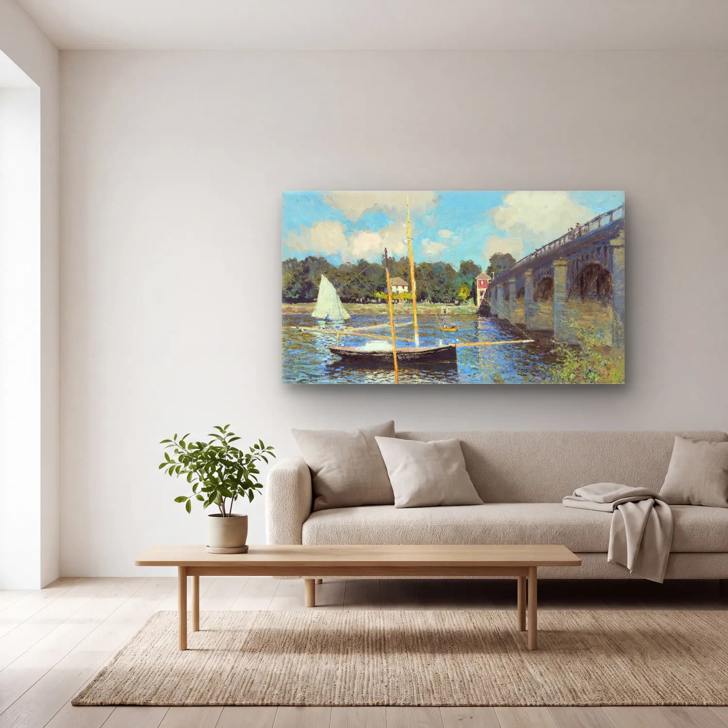 Claude Monet – The Bridge at Argenteuil – Bej Tonlar cam tablo — açık renk salonda