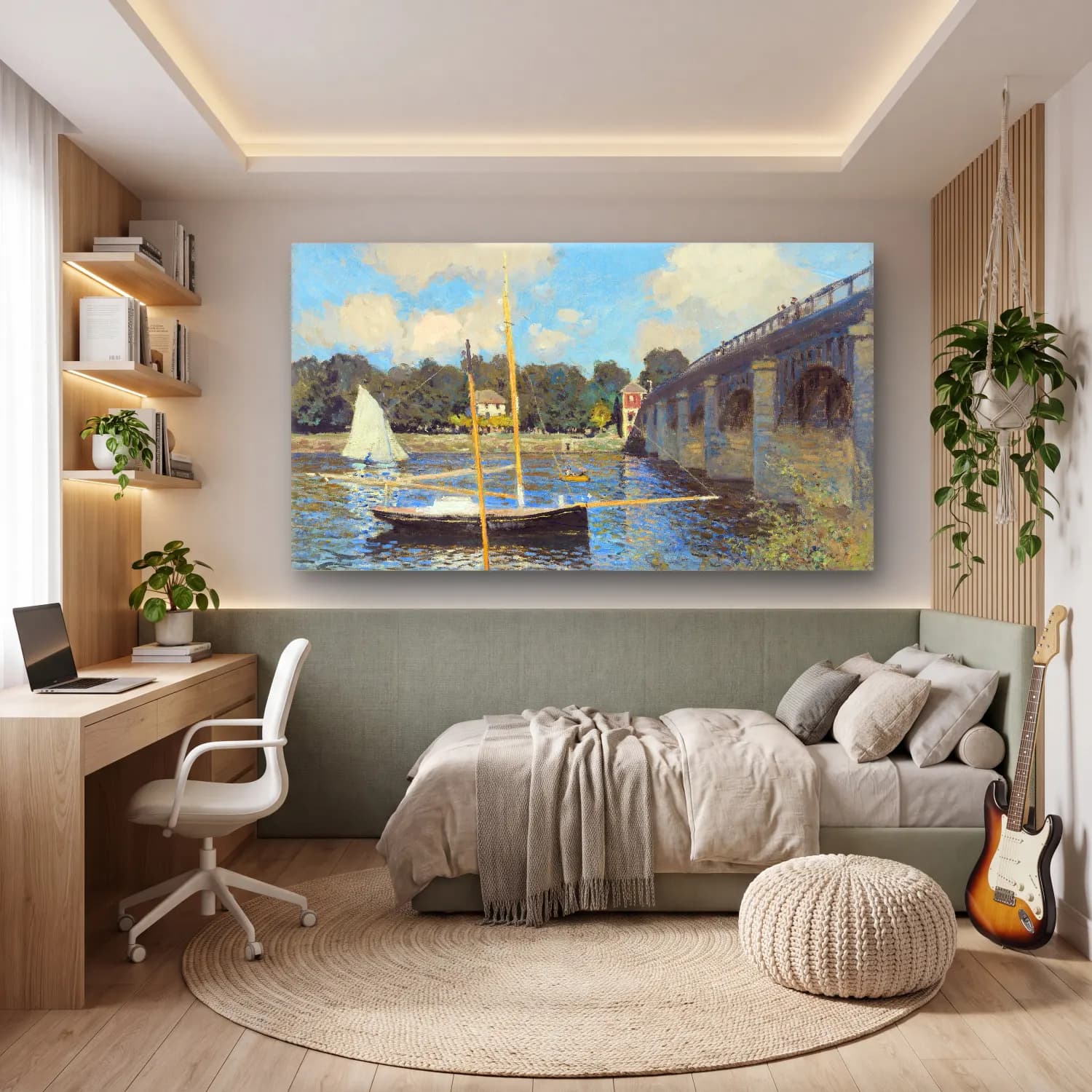 Claude Monet – The Bridge at Argenteuil – Bej Tonlar cam tablo — genç odasında