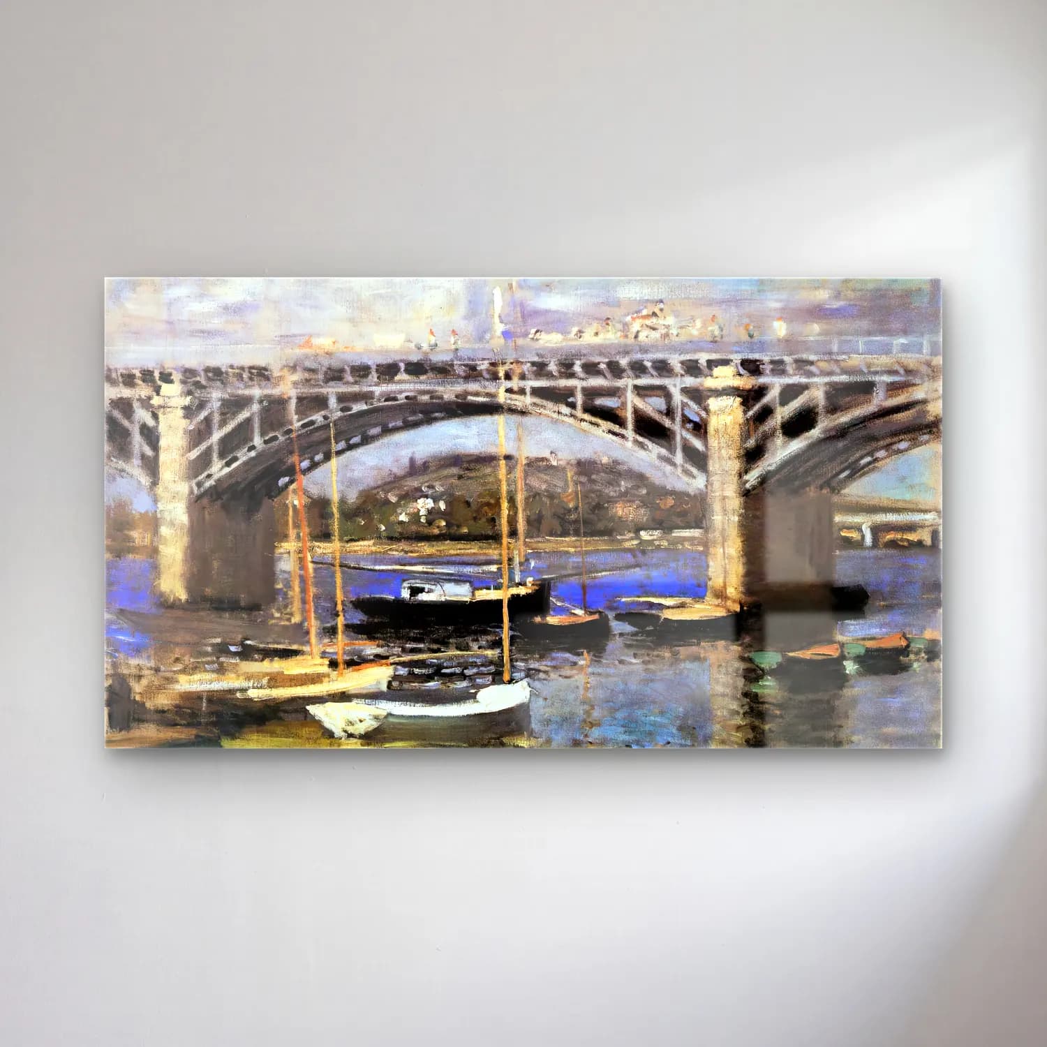 Claude Monet – The Bridge at Argenteuil – Mor Tonlar cam tablo — Claude Monet – The Bridge at Argenteuil – Mor Tonlar — empresyonist liman ve tekneler