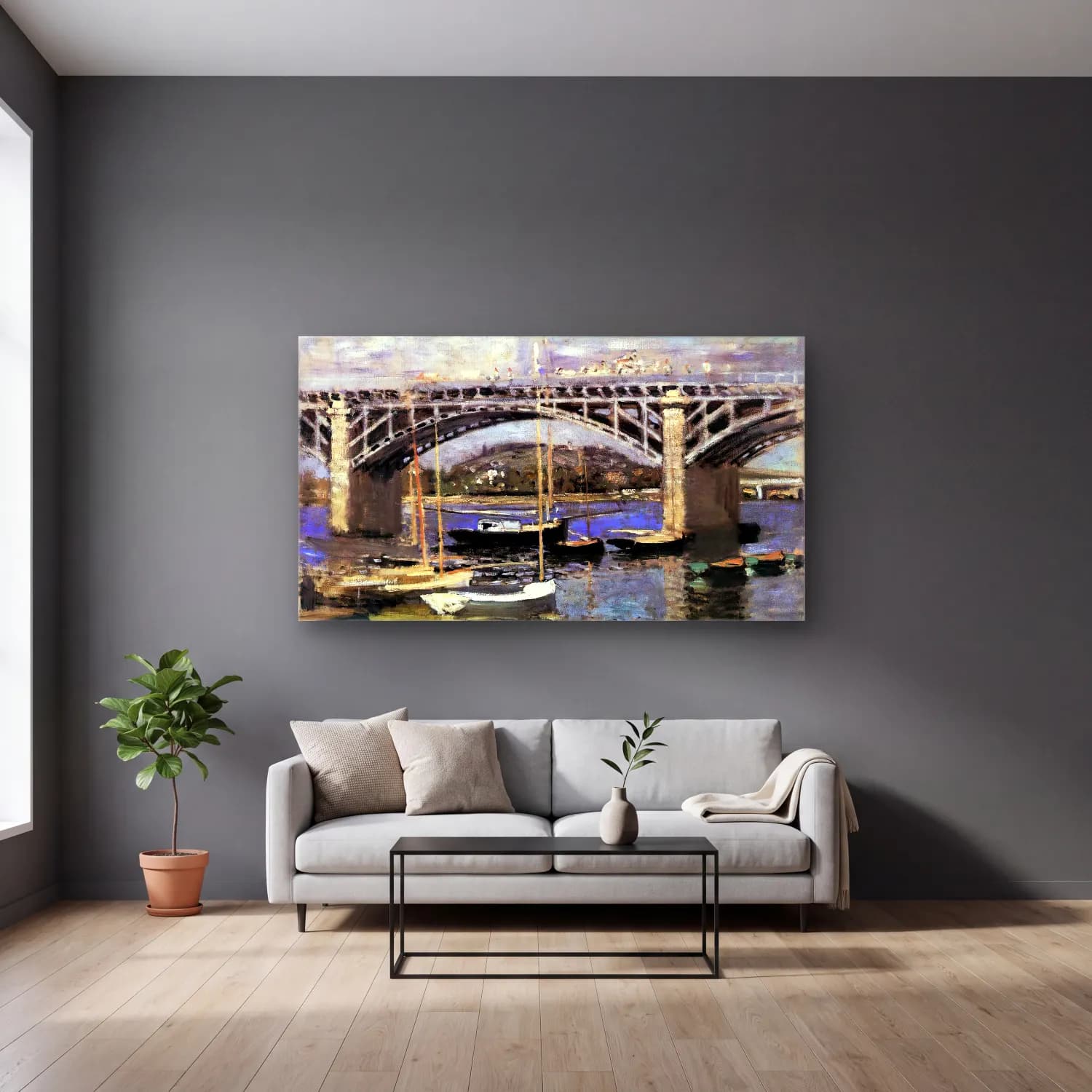 Claude Monet – The Bridge at Argenteuil – Mor Tonlar cam tablo — gri duvarlı salonda
