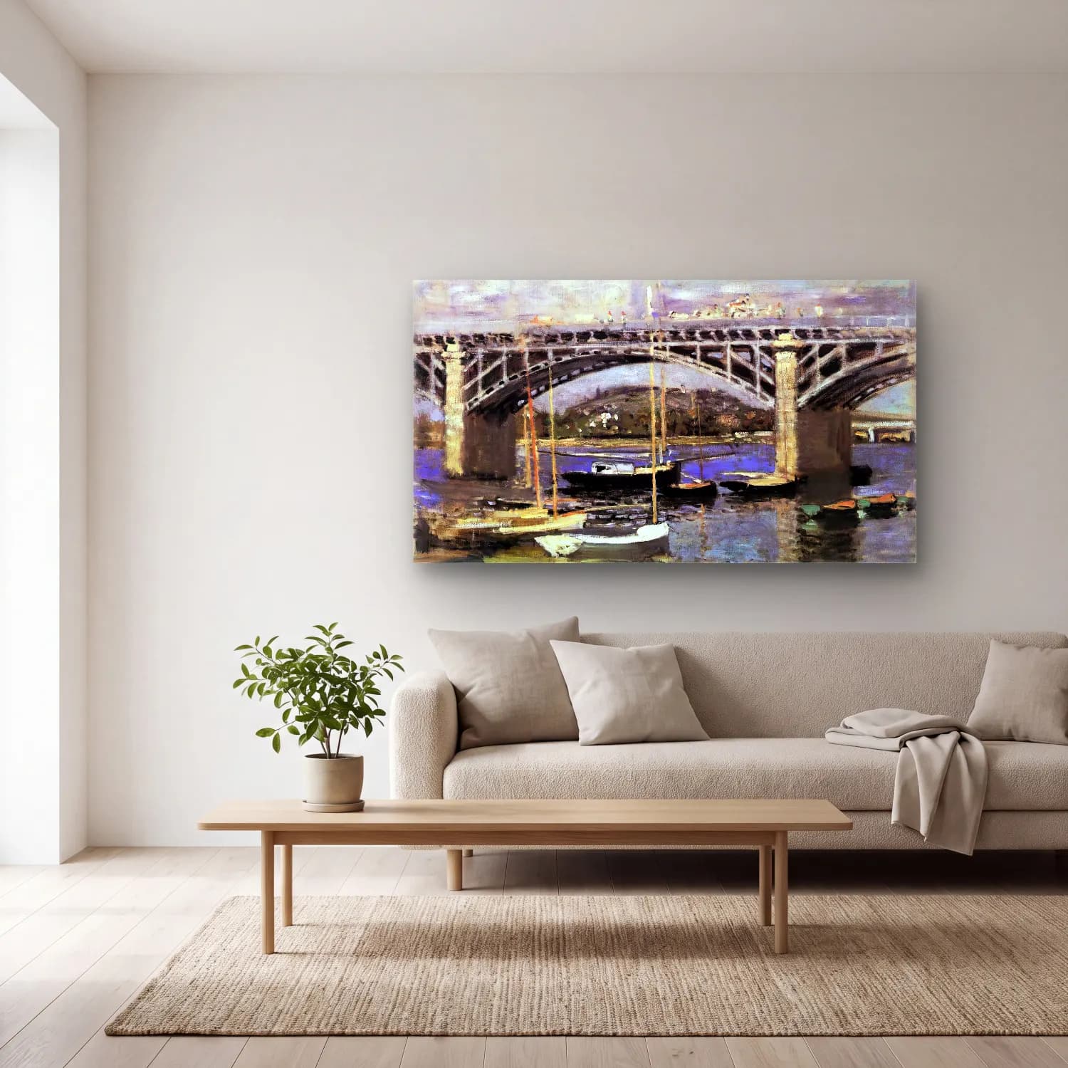 Claude Monet – The Bridge at Argenteuil – Mor Tonlar cam tablo — açık renk salonda