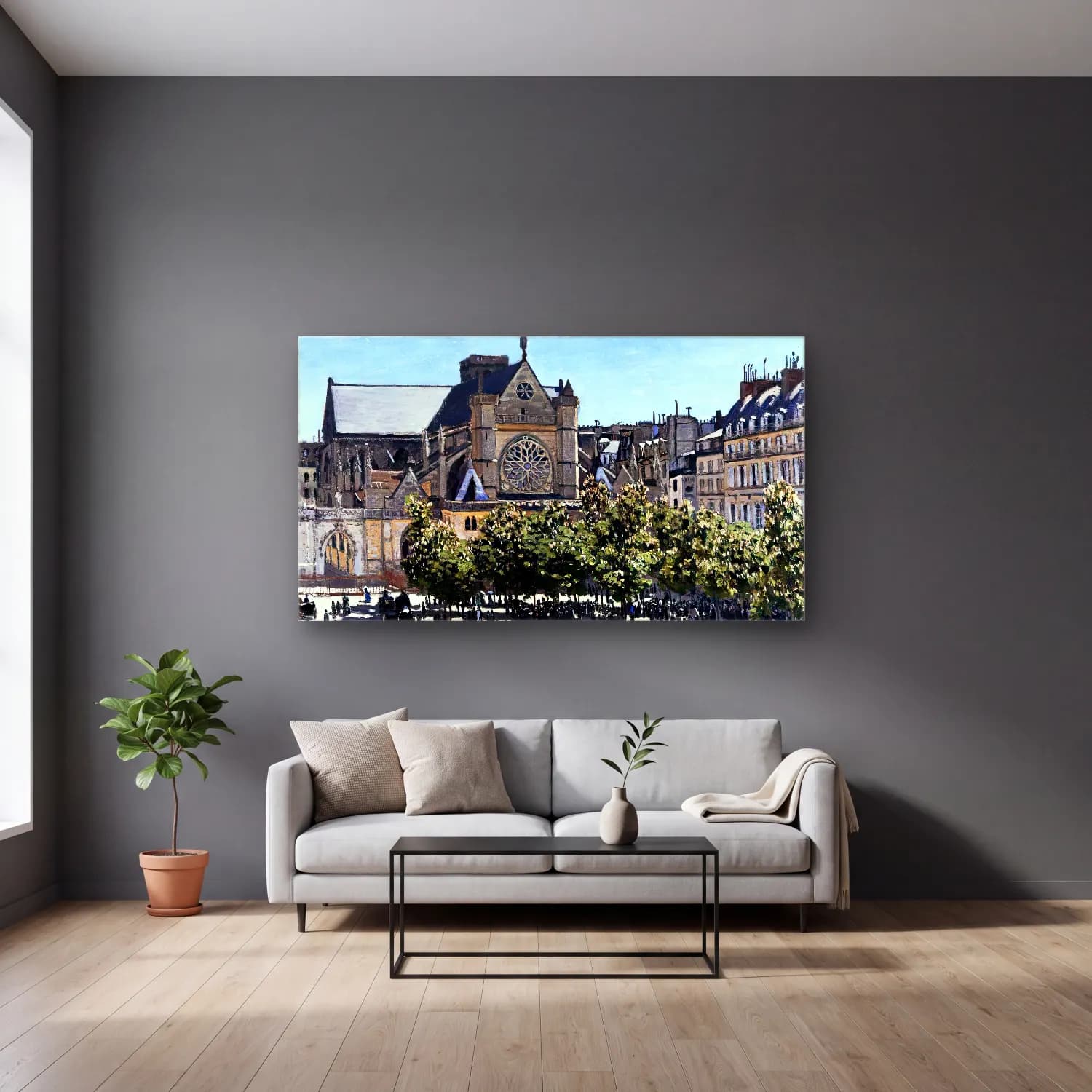 Claude Monet – The Church of Saint-Germain-l Auxerrois cam tablo — gri duvarlı salonda