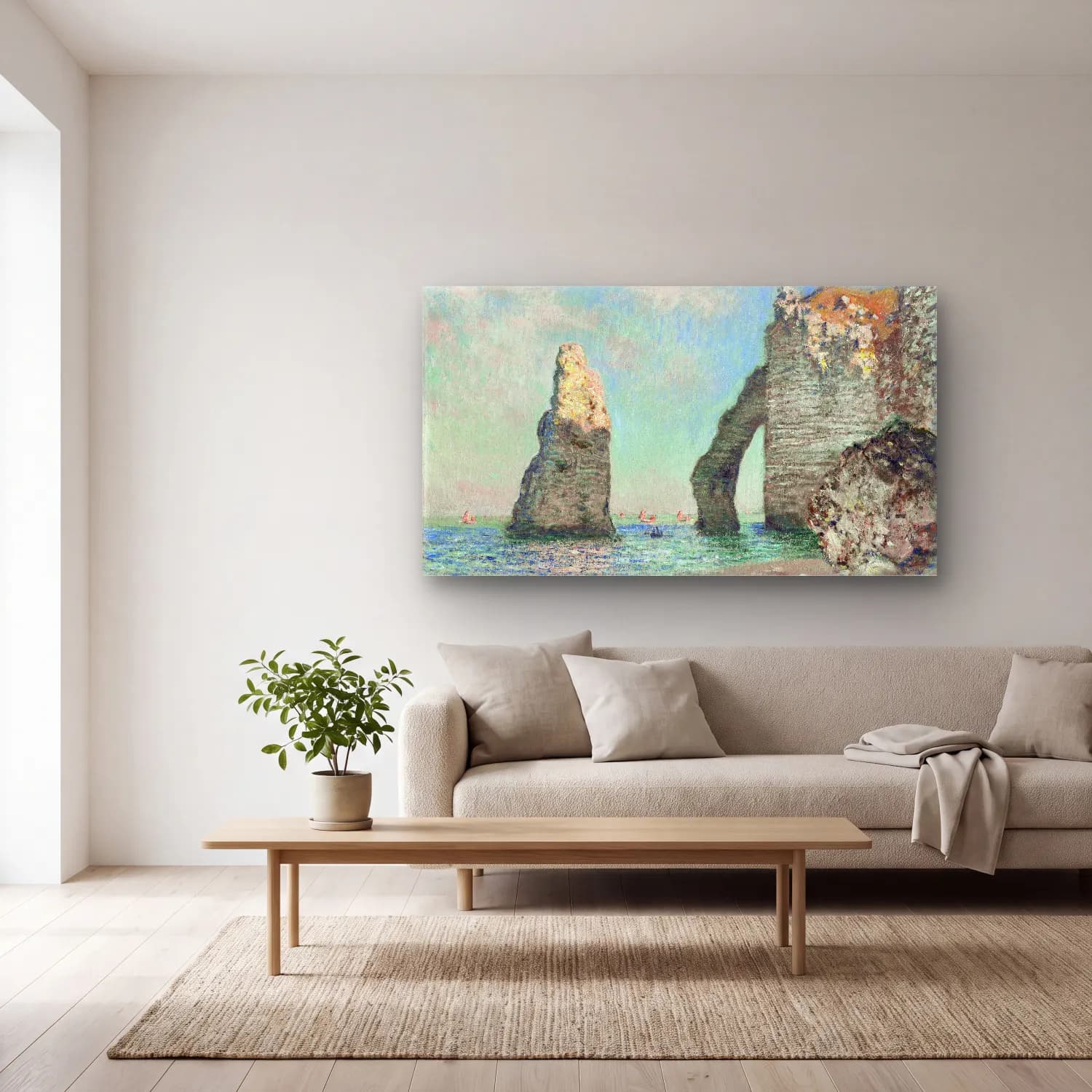 Claude Monet – The Cliffs at Étretat cam tablo — açık renk salonda