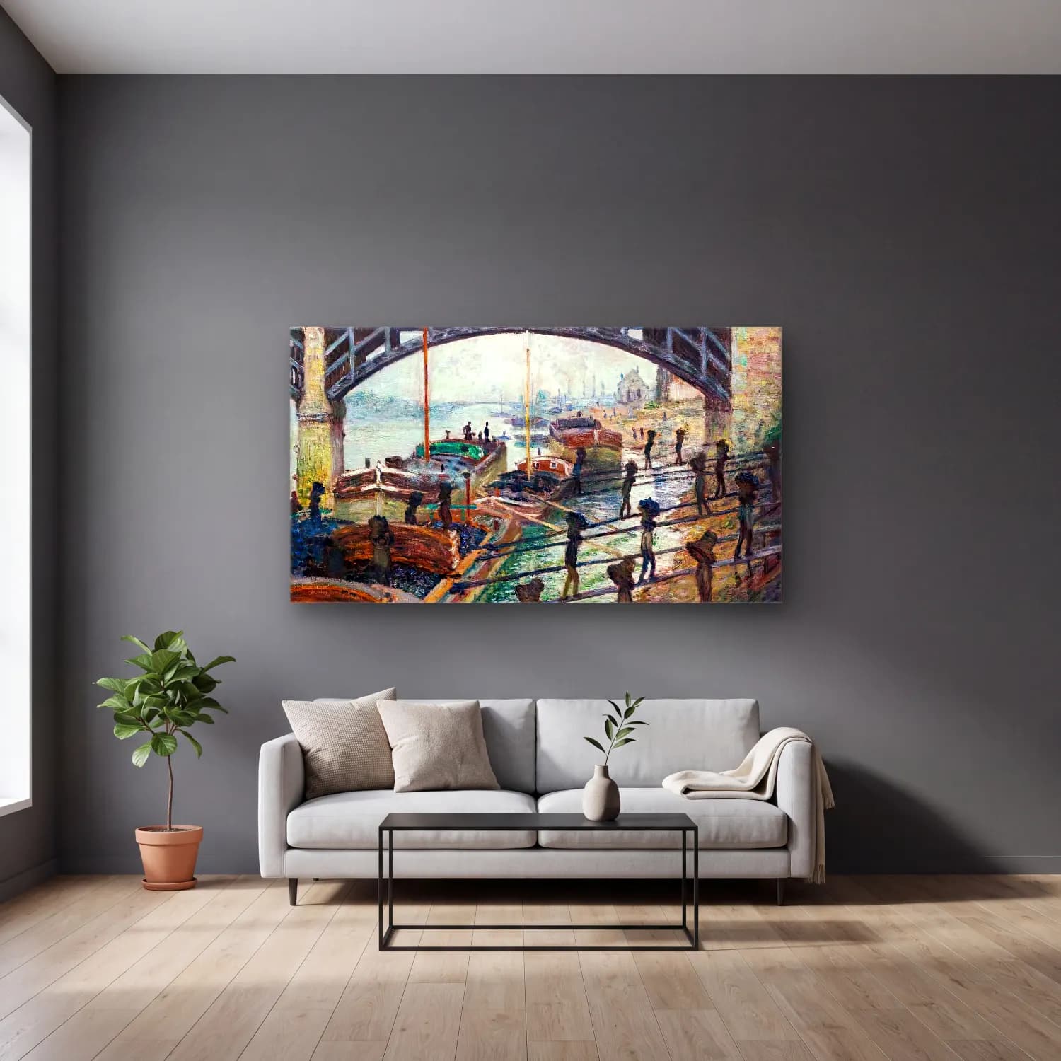 Claude Monet – The Coal Workers cam tablo — gri duvarlı salonda
