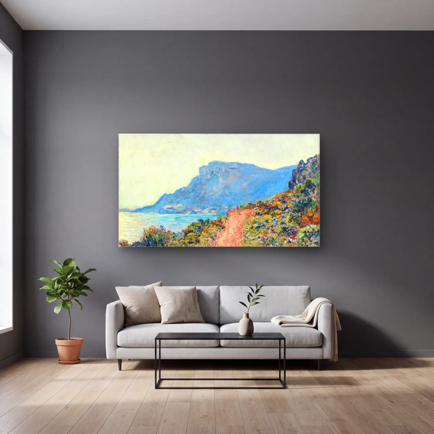 Claude Monet – The Corniche near Monaco cam tablo — gri duvarlı salonda
