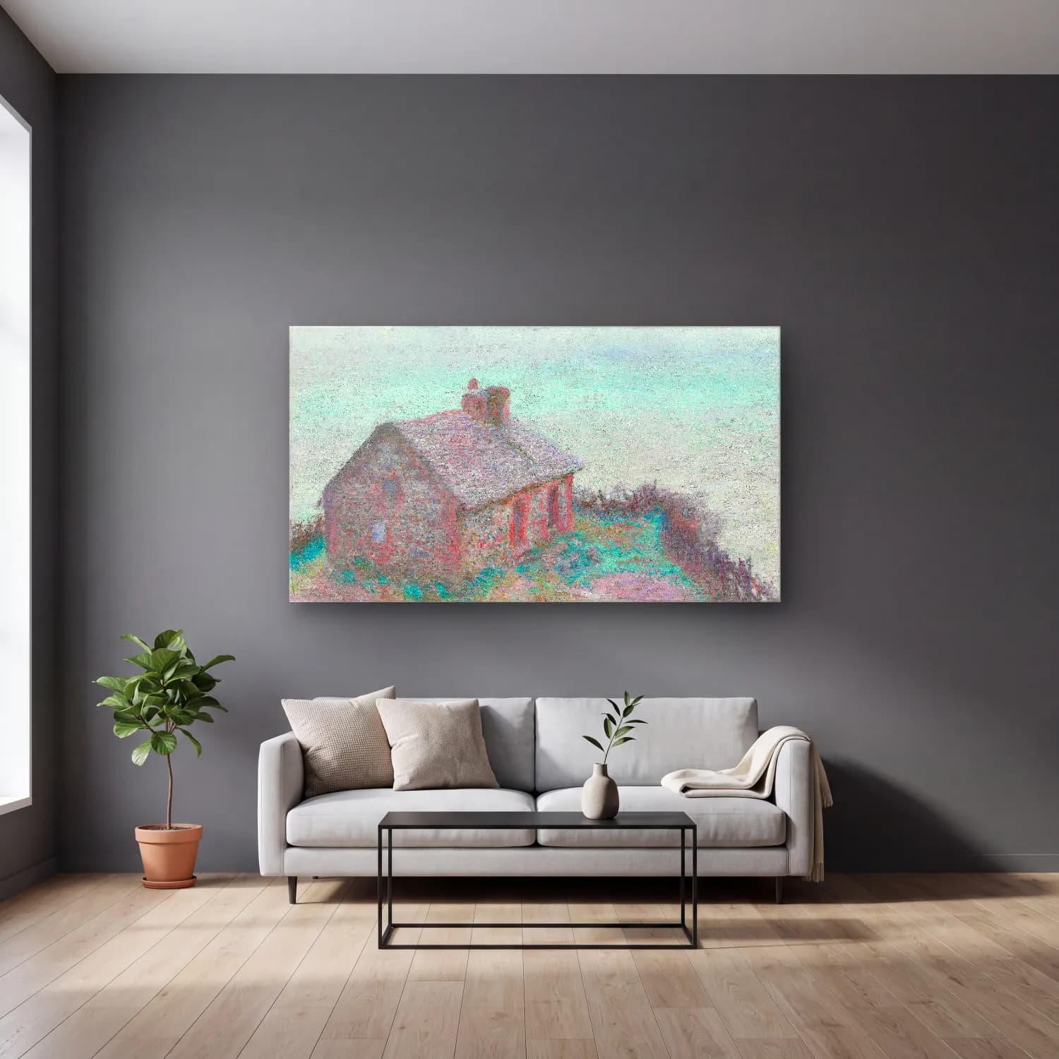 Claude Monet – The Customs House at Varengeville – Pastel Tonlar cam tablo — gri duvarlı salonda