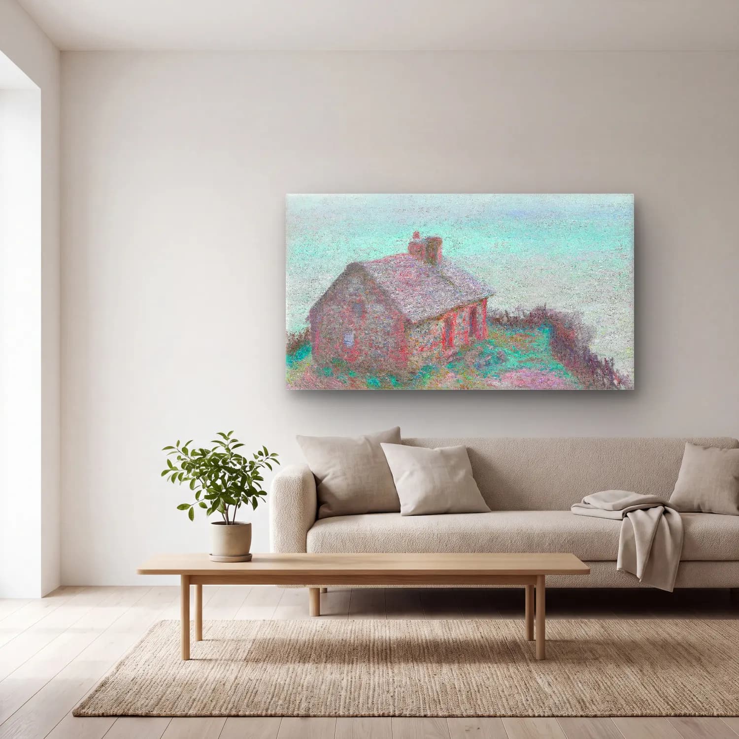 Claude Monet – The Customs House at Varengeville – Pastel Tonlar cam tablo — açık renk salonda
