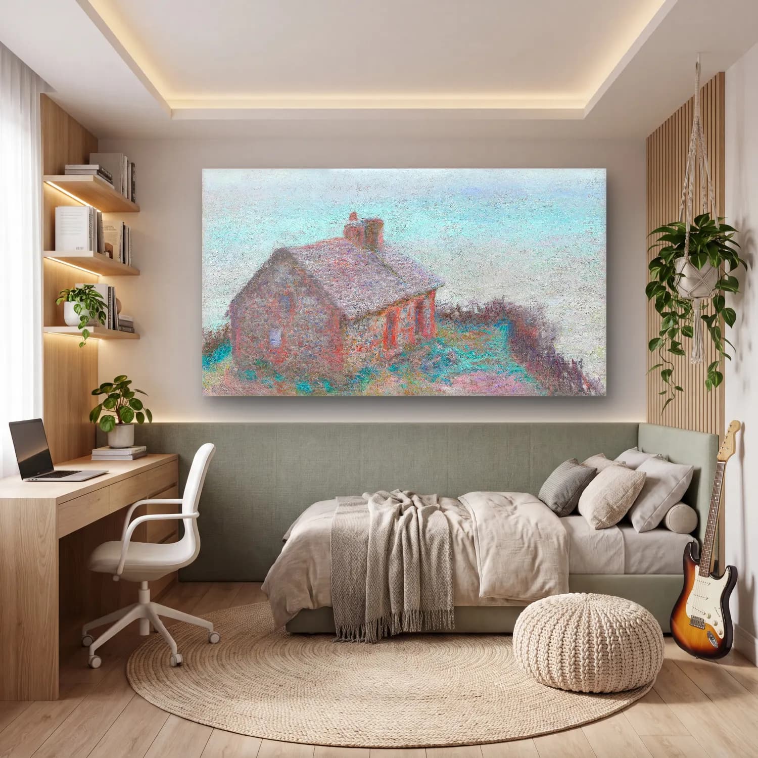 Claude Monet – The Customs House at Varengeville – Pastel Tonlar cam tablo — genç odasında