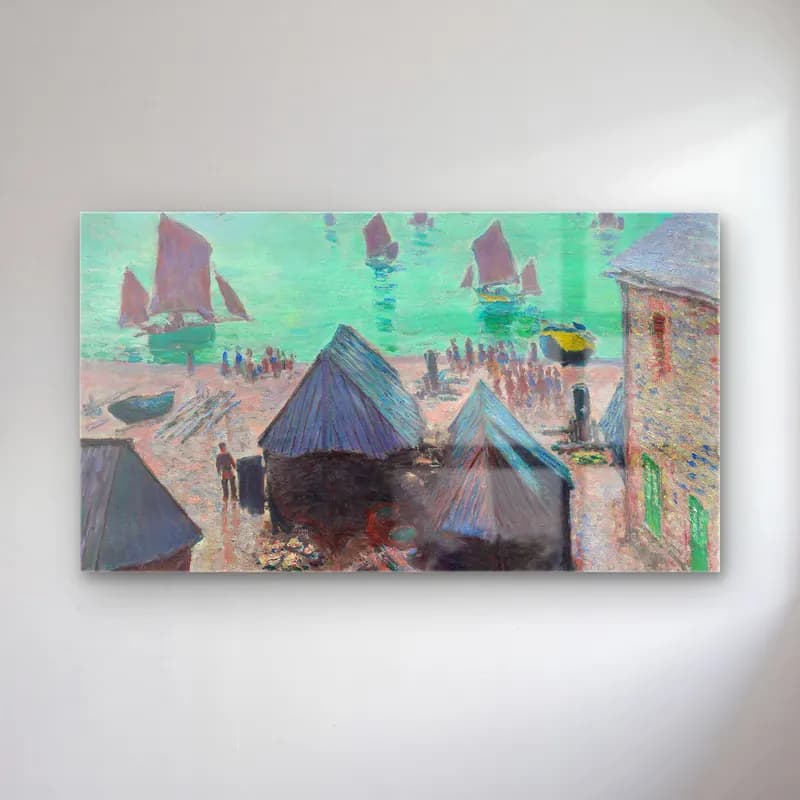 Claude Monet – The Departure of the Boats, Étretat – Pastel Tonlar cam tablo — Claude Monet – The Departure of the Boats, Étretat – Pastel Tonlar — empresyonist plaj şemsiyeleri