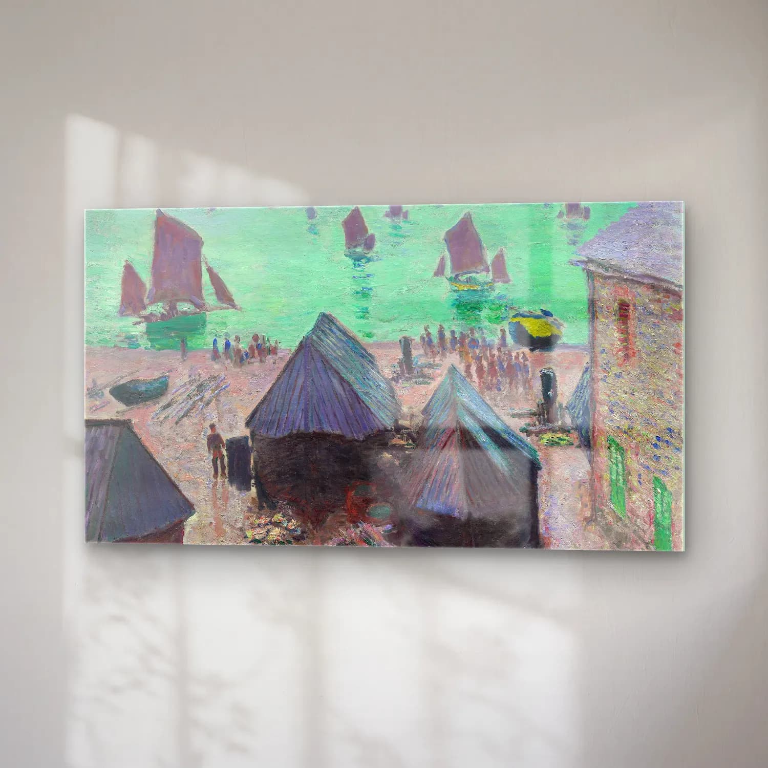 Claude Monet – The Departure of the Boats, Étretat – Pastel Tonlar cam tablo — sağ açıdan görünüm