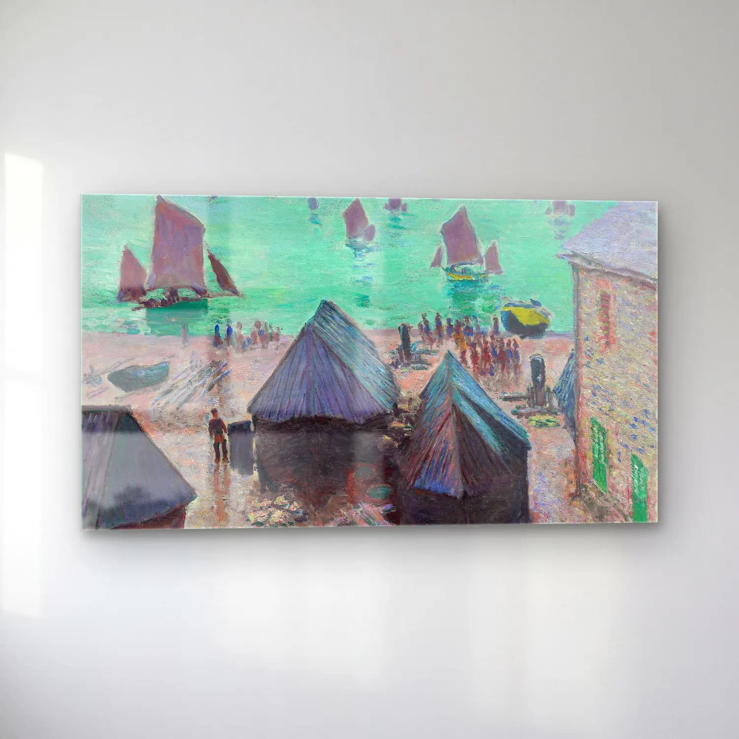 Claude Monet – The Departure of the Boats, Étretat – Pastel Tonlar cam tablo — sol açıdan görünüm