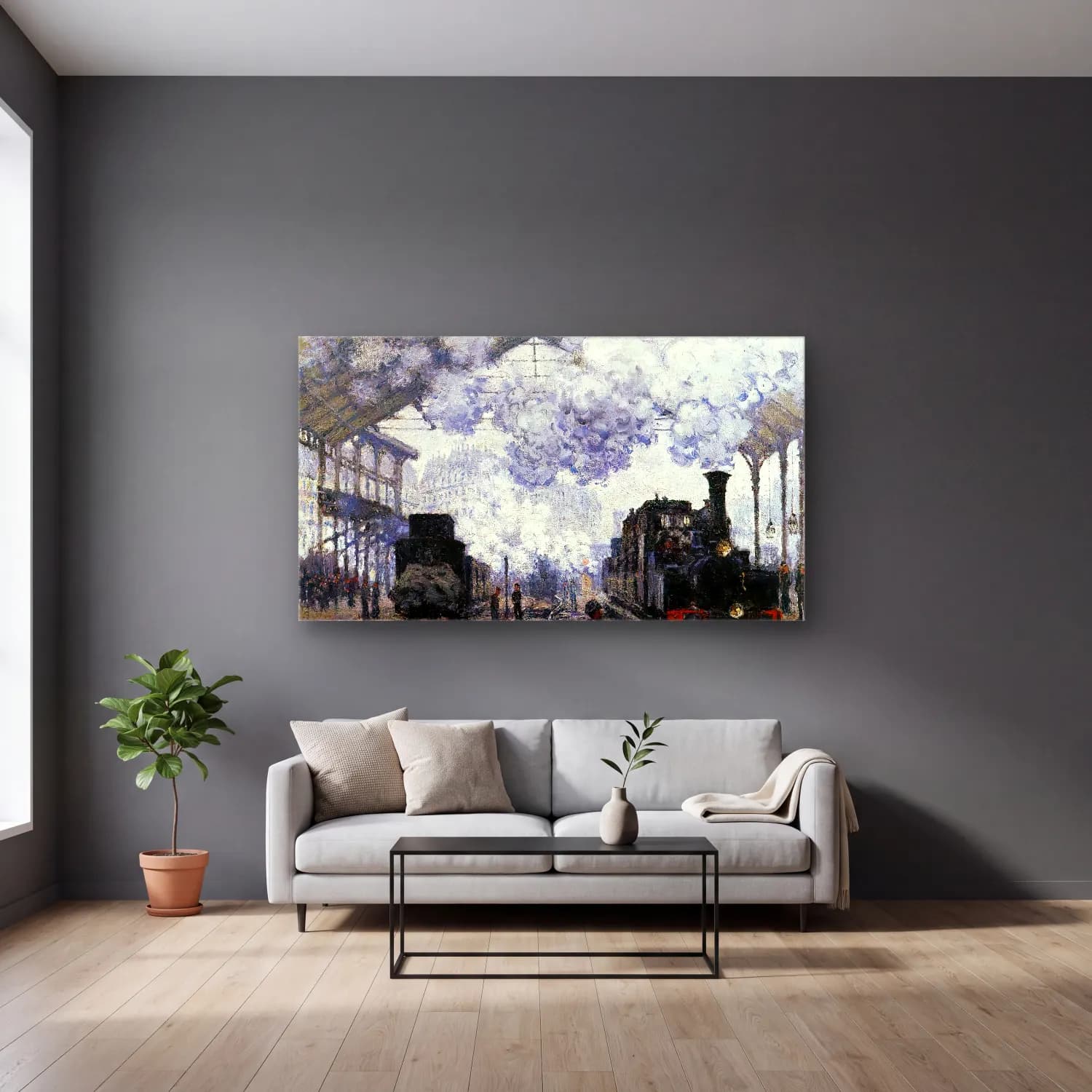 Claude Monet – The Gare Saint-Lazare, Arriving a Train cam tablo — gri duvarlı salonda