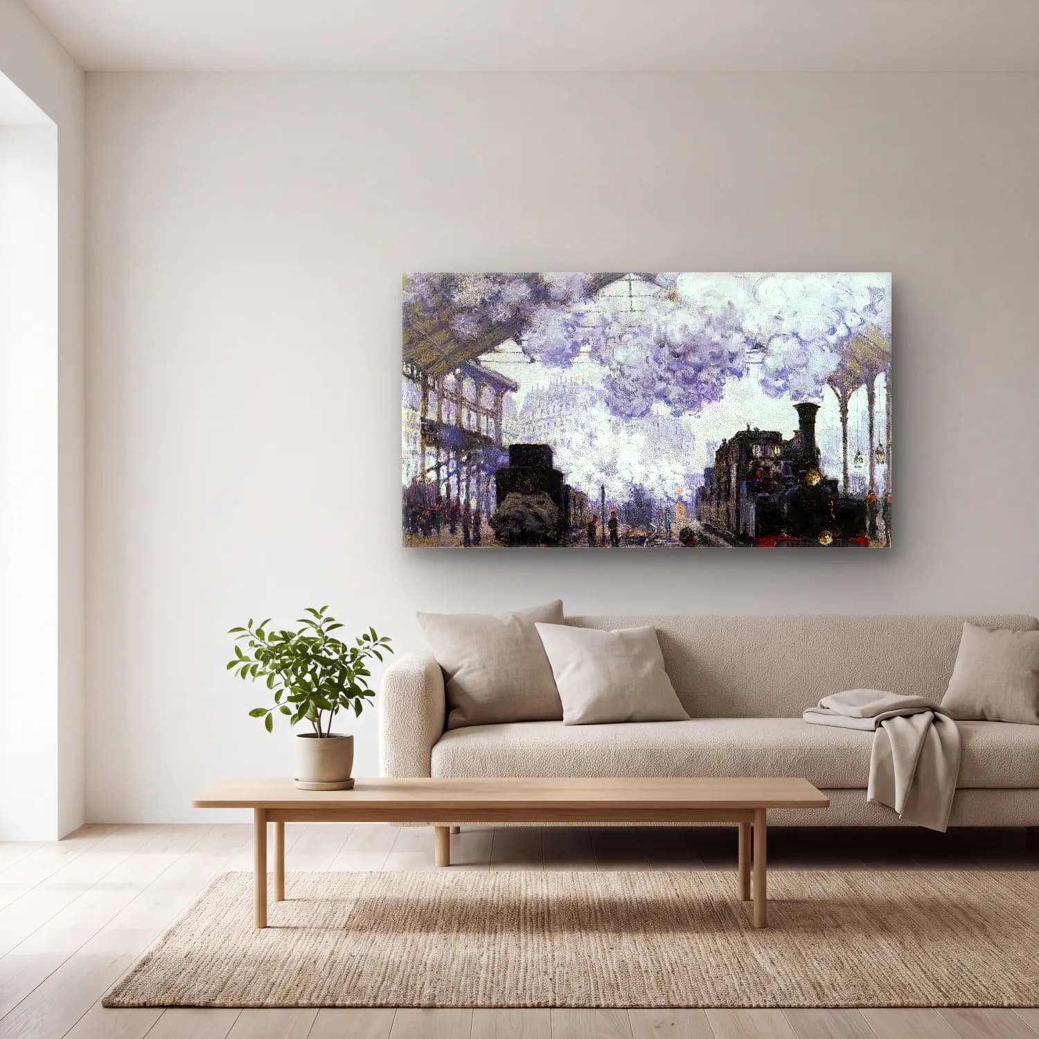 Claude Monet – The Gare Saint-Lazare, Arriving a Train cam tablo — açık renk salonda