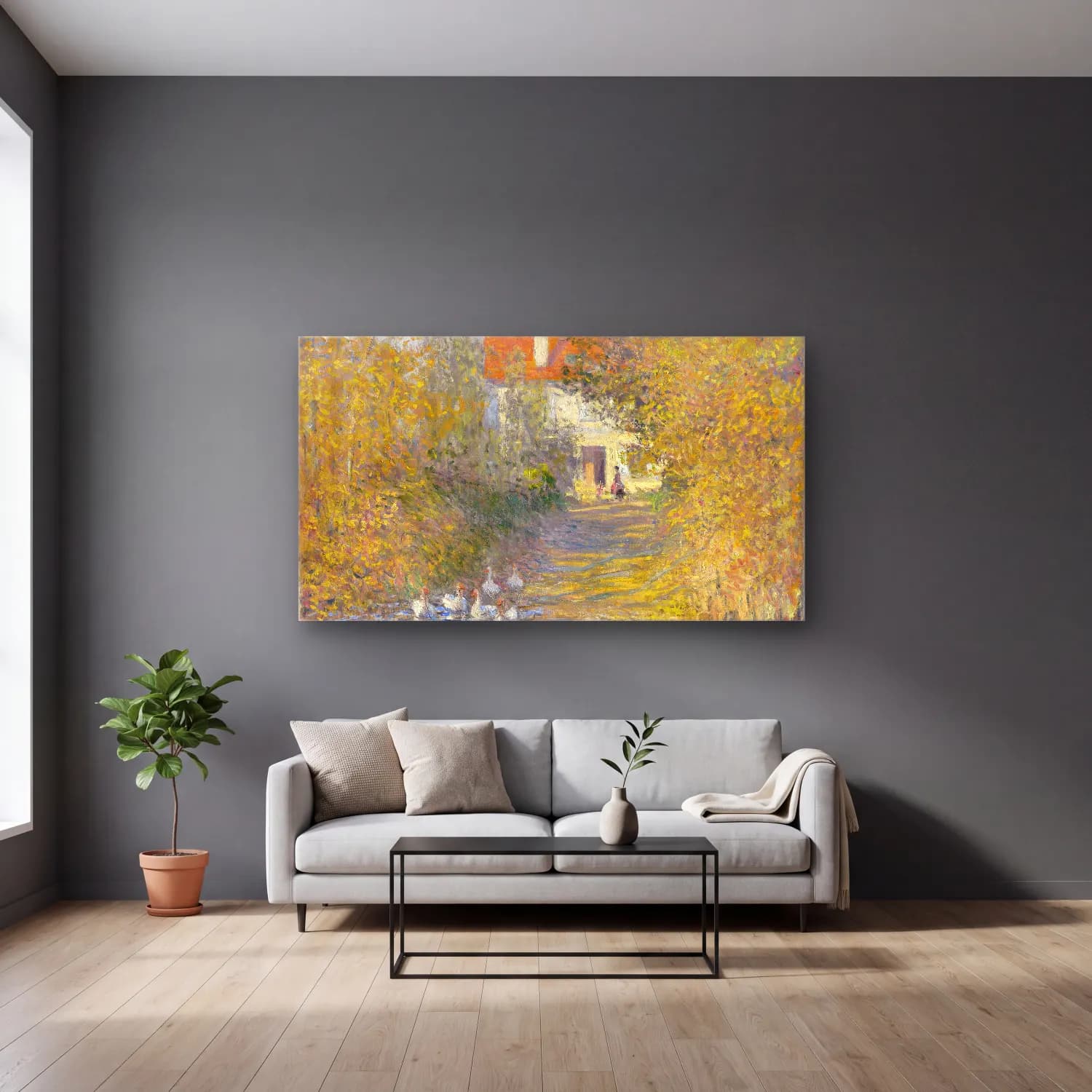 Claude Monet – The Geese cam tablo — gri duvarlı salonda