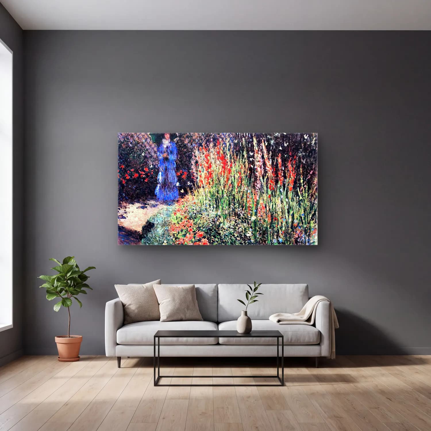 Claude Monet – The Gladioli cam tablo — gri duvarlı salonda
