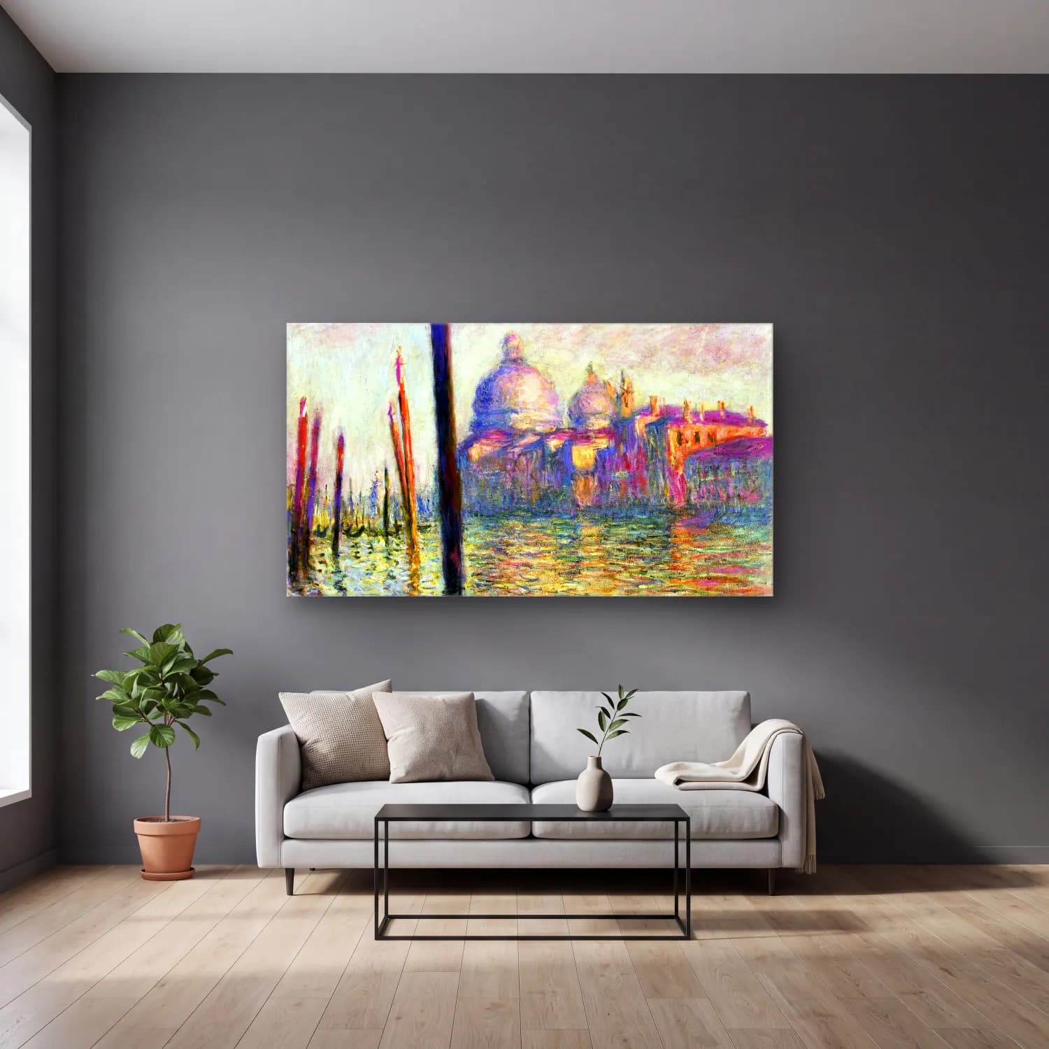 Claude Monet – The Grand Canal in Venice cam tablo — gri duvarlı salonda