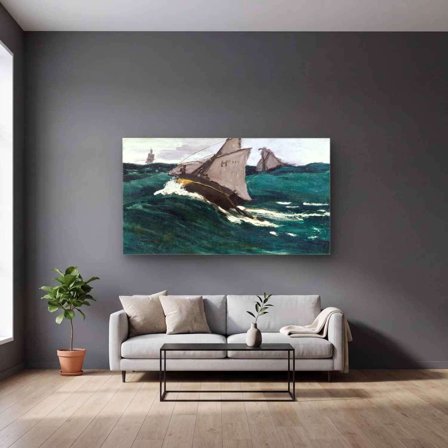 Claude Monet – The Green Wave cam tablo — gri duvarlı salonda