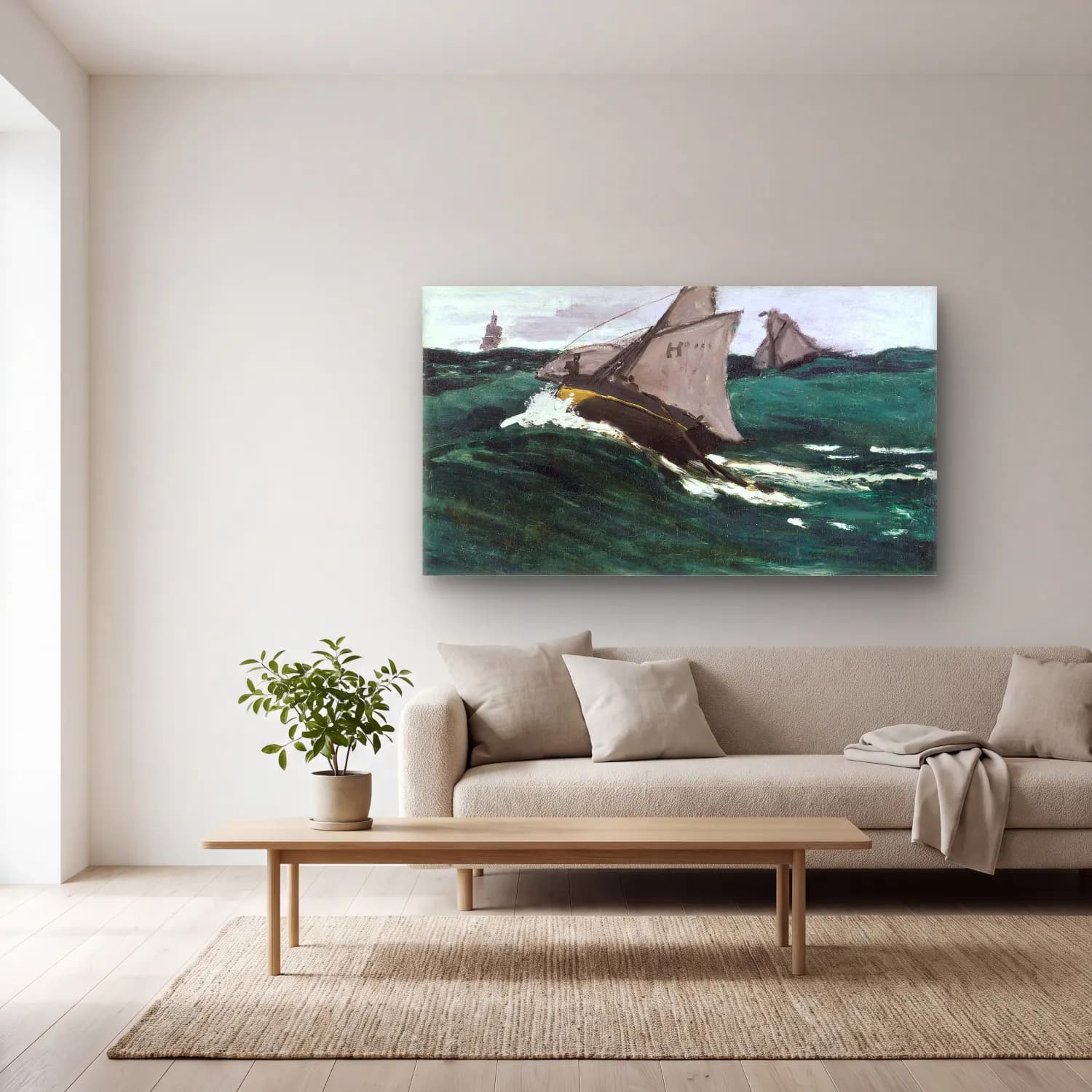 Claude Monet – The Green Wave cam tablo — açık renk salonda