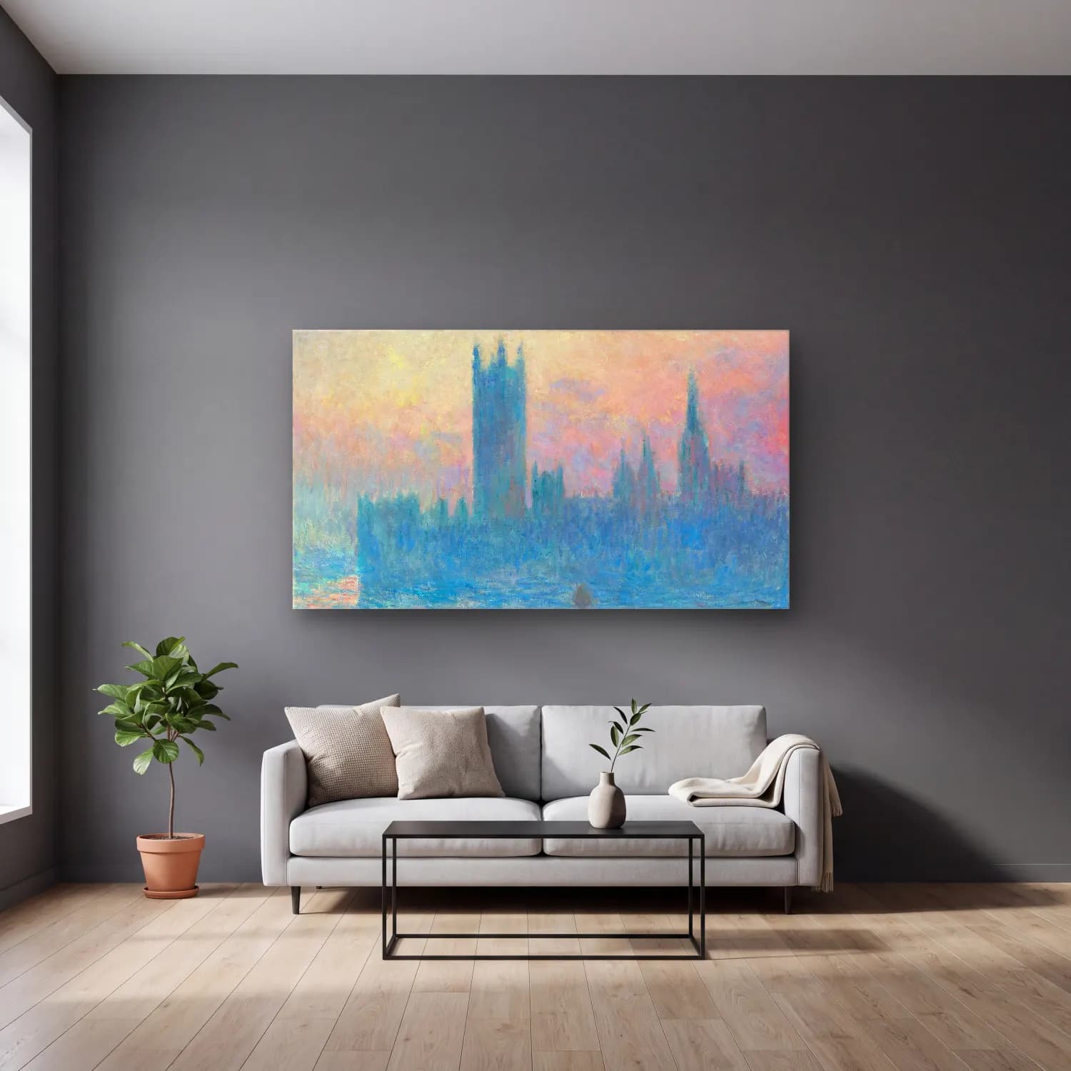 Claude Monet – The Houses of Parliament (Effect of Fog) cam tablo — gri duvarlı salonda