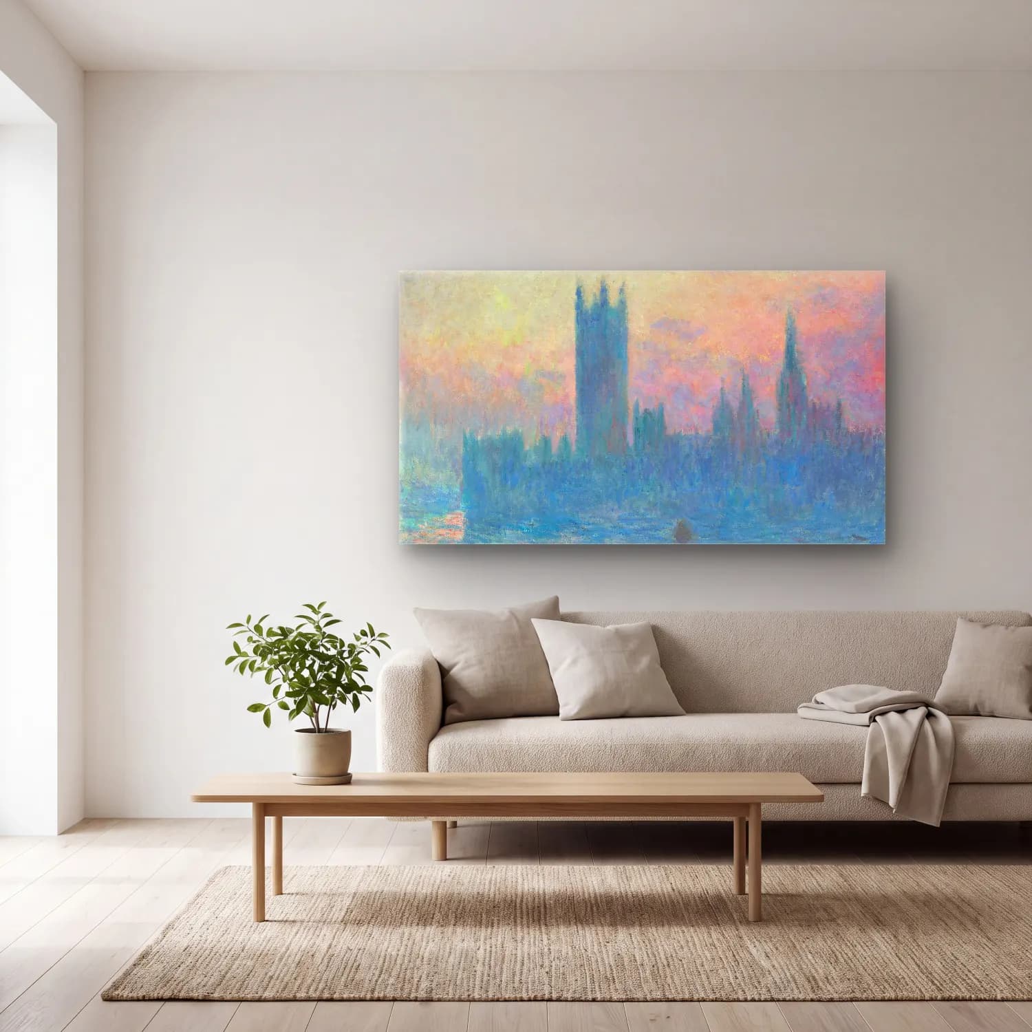 Claude Monet – The Houses of Parliament (Effect of Fog) cam tablo — açık renk salonda