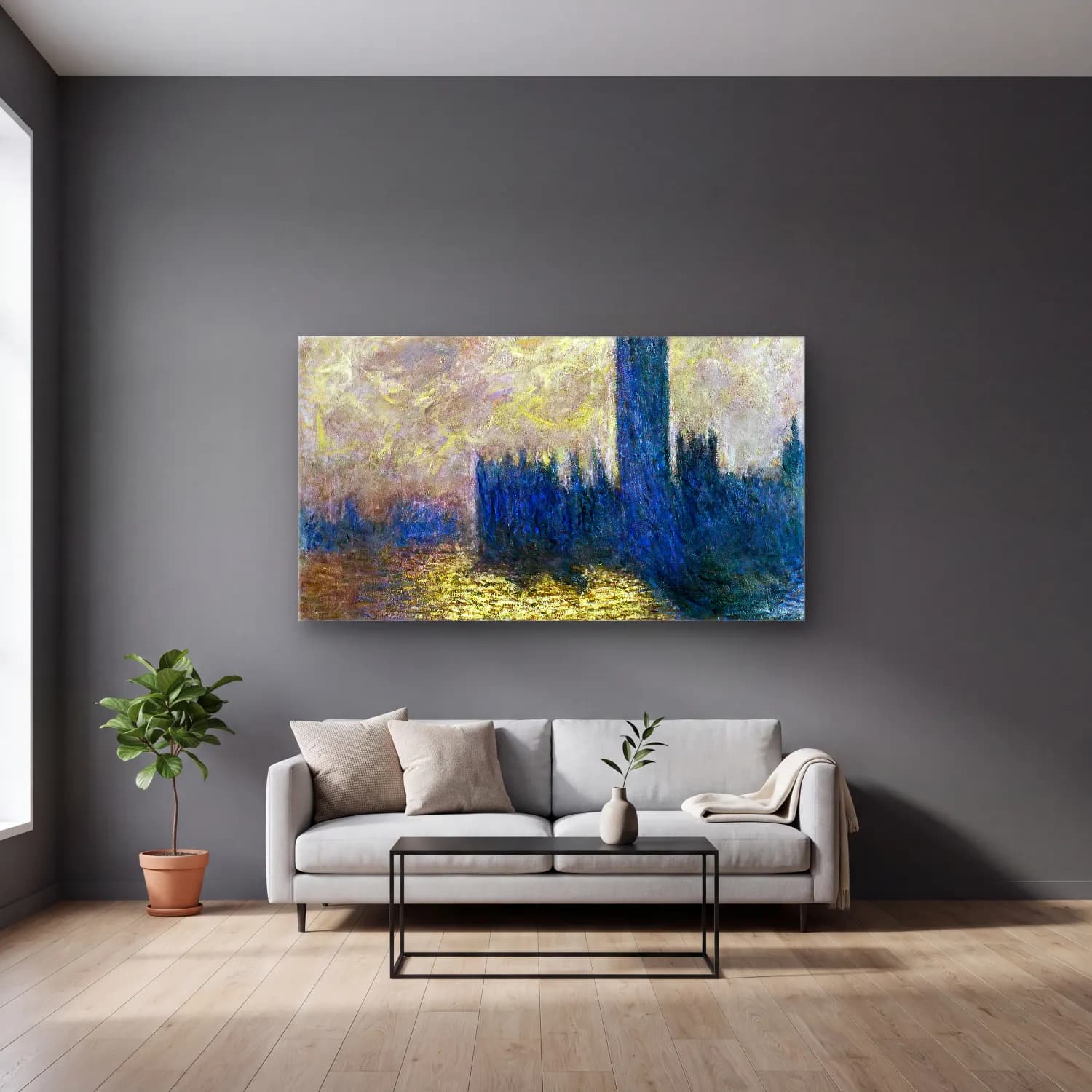 Claude Monet – The Houses of Parliament, London cam tablo — gri duvarlı salonda