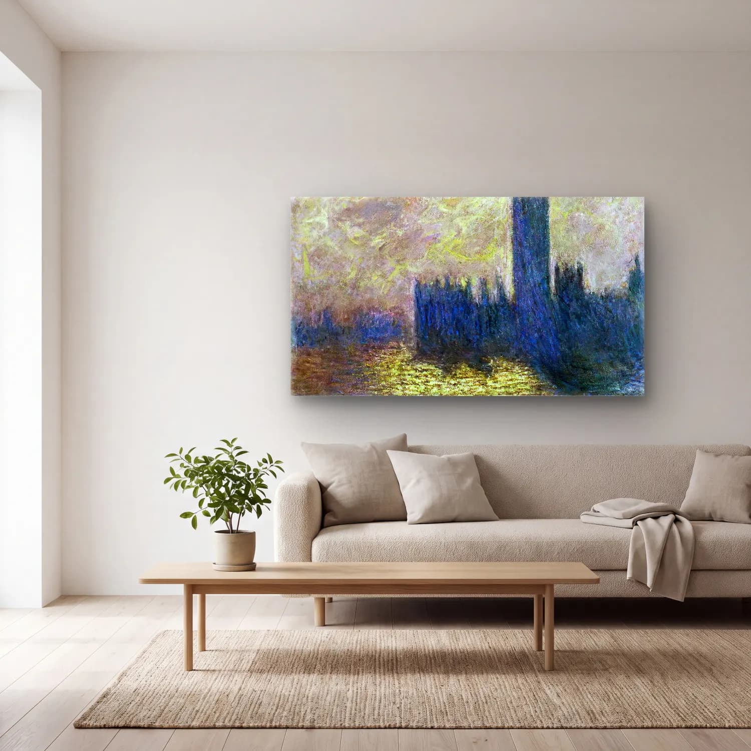 Claude Monet – The Houses of Parliament, London cam tablo — açık renk salonda