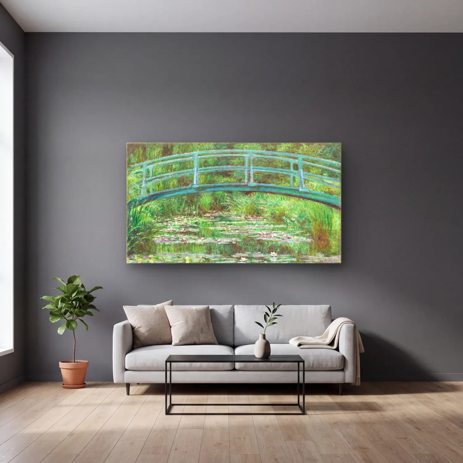 Claude Monet – The Japanese Footbridge – Yeşil Tonlar cam tablo — gri duvarlı salonda
