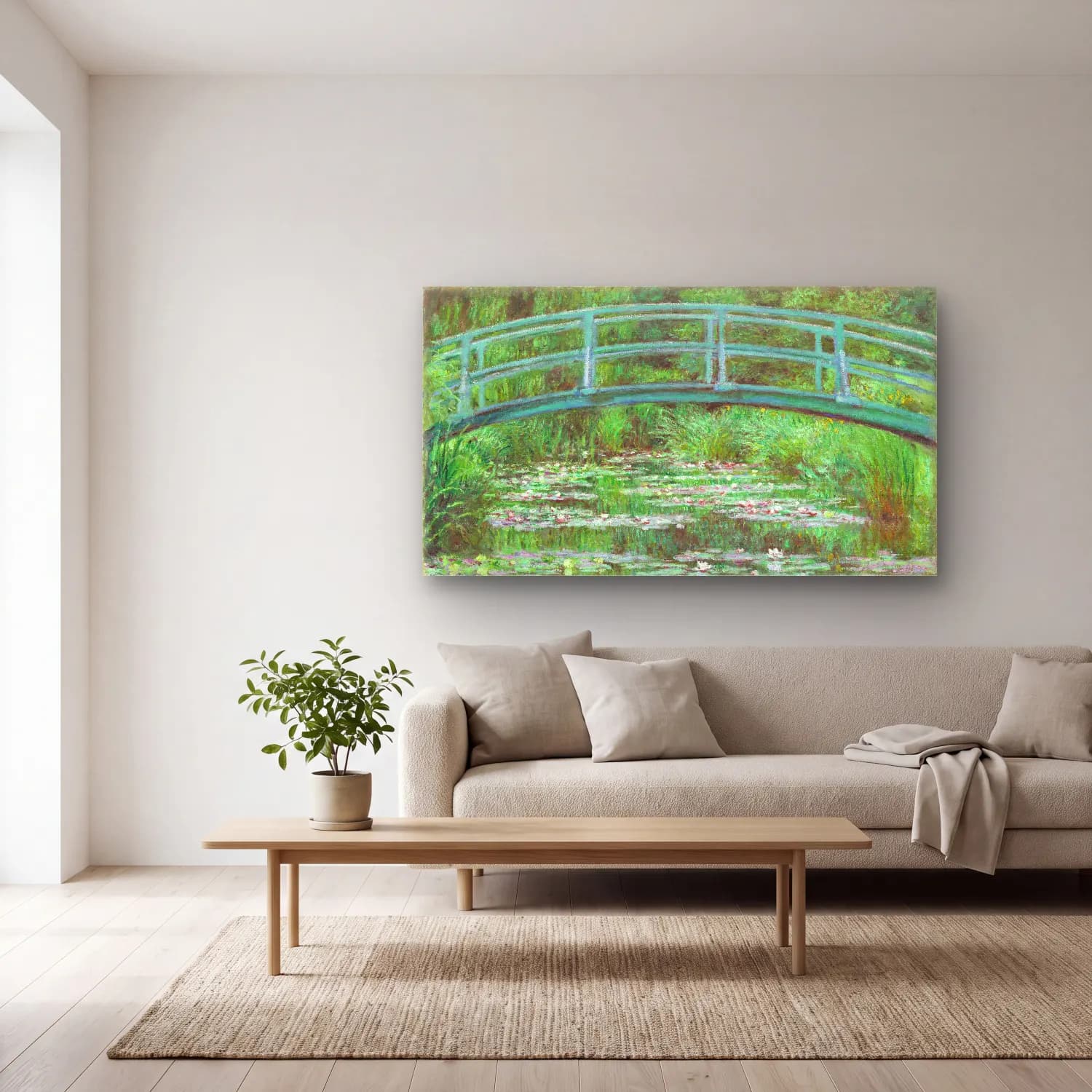 Claude Monet – The Japanese Footbridge – Yeşil Tonlar cam tablo — açık renk salonda