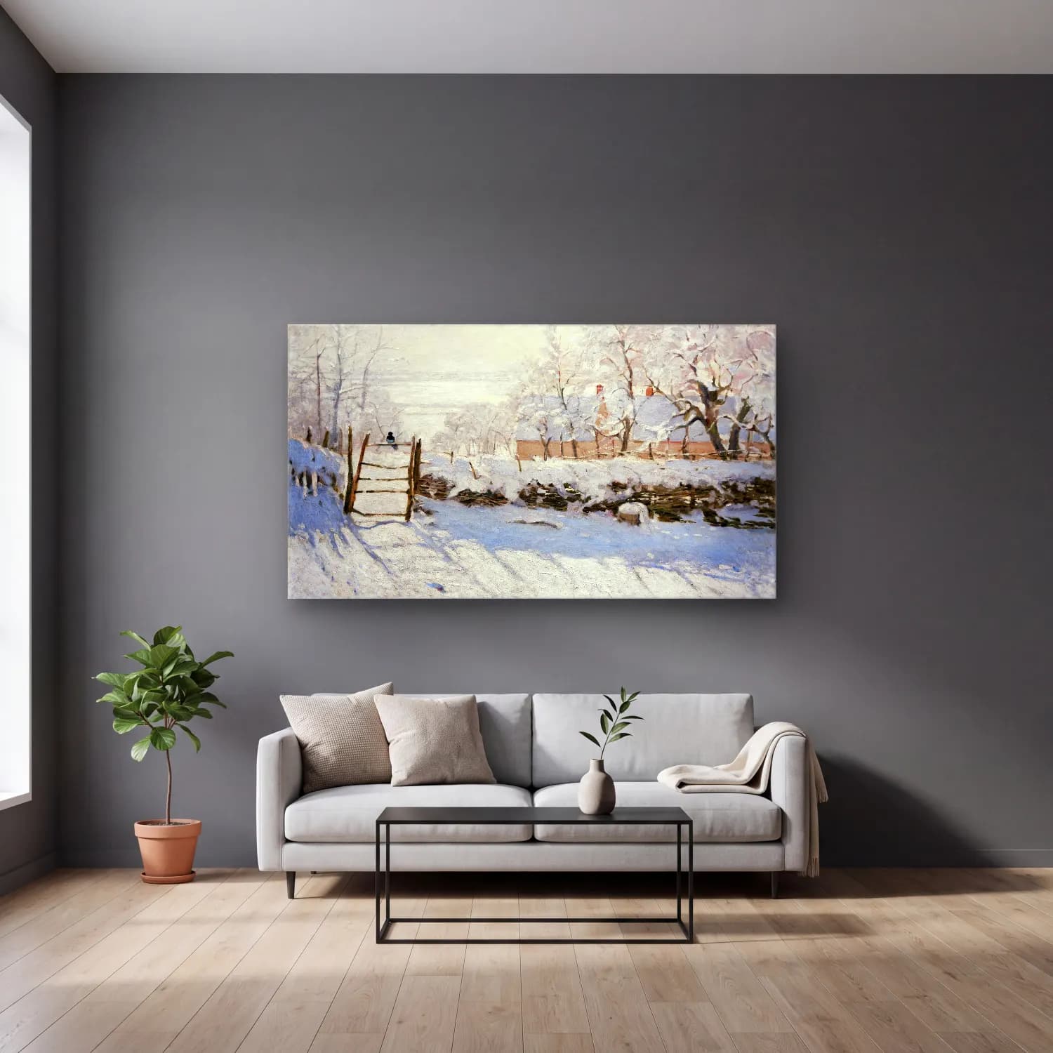 Claude Monet – The Magpie cam tablo — gri duvarlı salonda