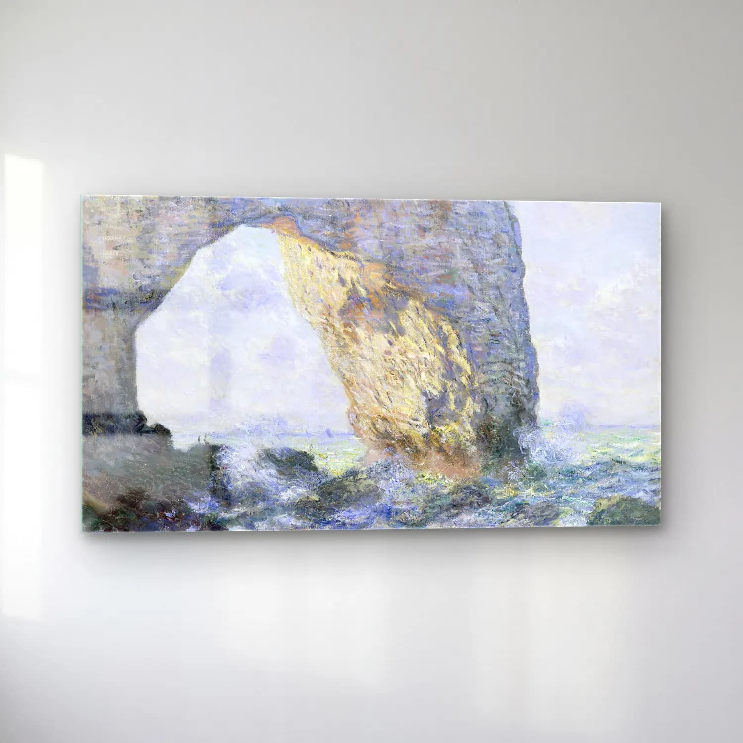 Claude Monet – The Manneporte (Étretat) cam tablo — sol açıdan görünüm