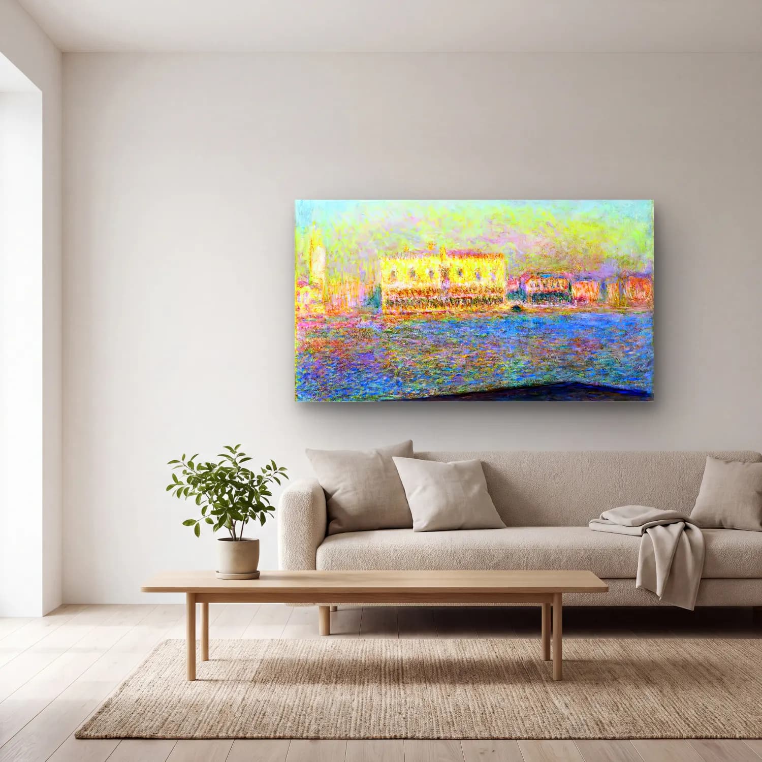 Claude Monet – The Palazzo Ducale Seen from San Giorgio Maggiore cam tablo — açık renk salonda
