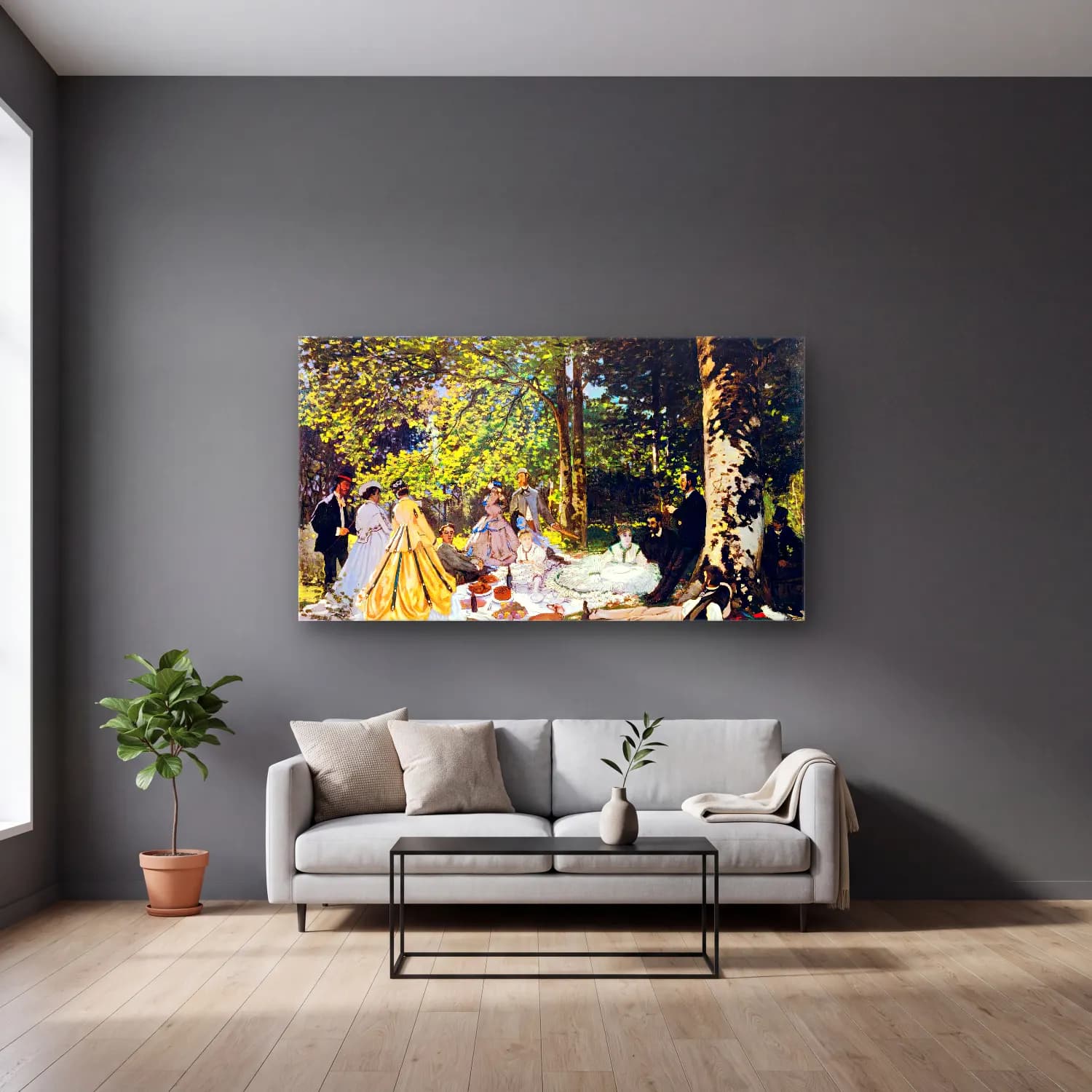 Claude Monet – The Picnic cam tablo — gri duvarlı salonda