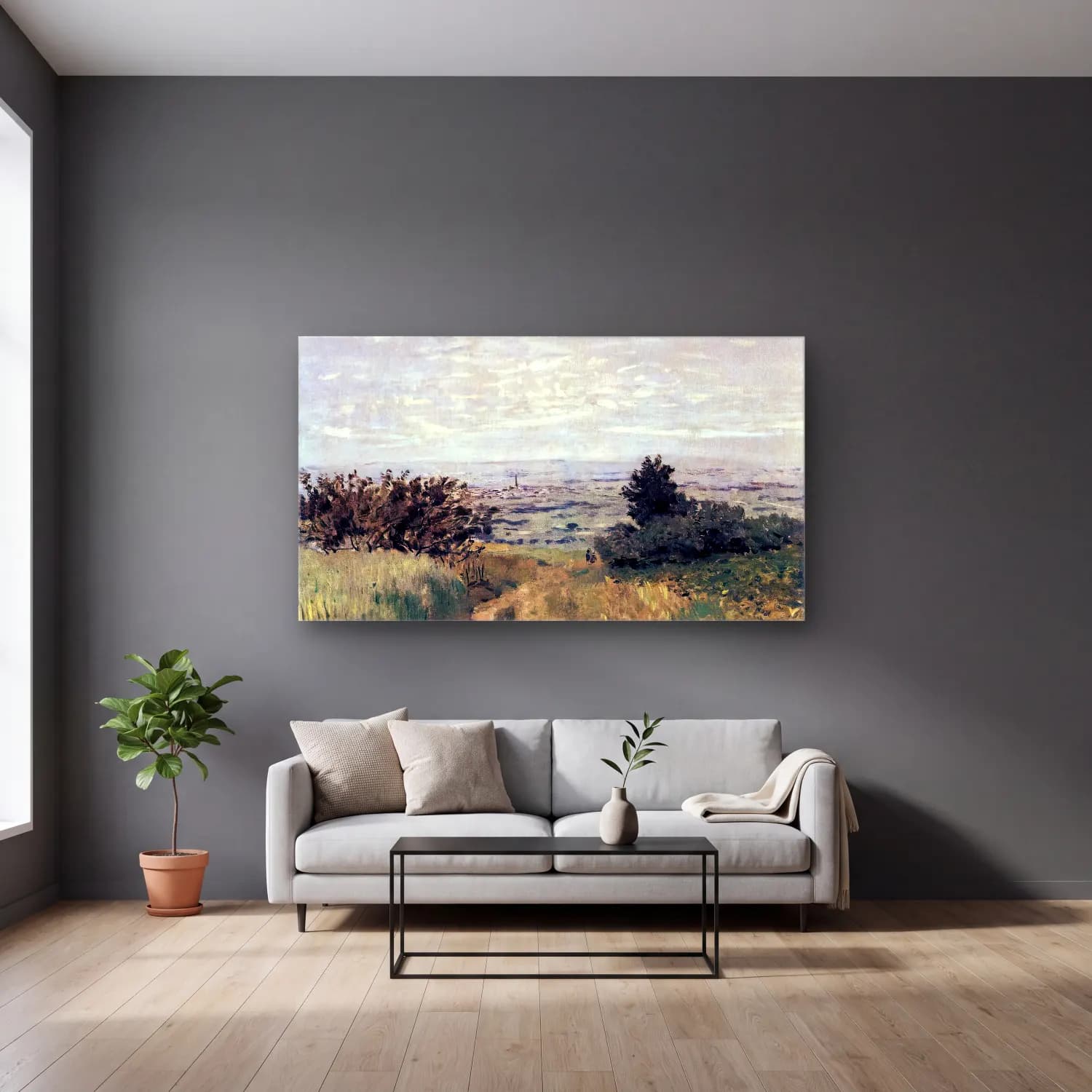 Claude Monet – The Plain of Sannois at Argenteuil cam tablo — gri duvarlı salonda