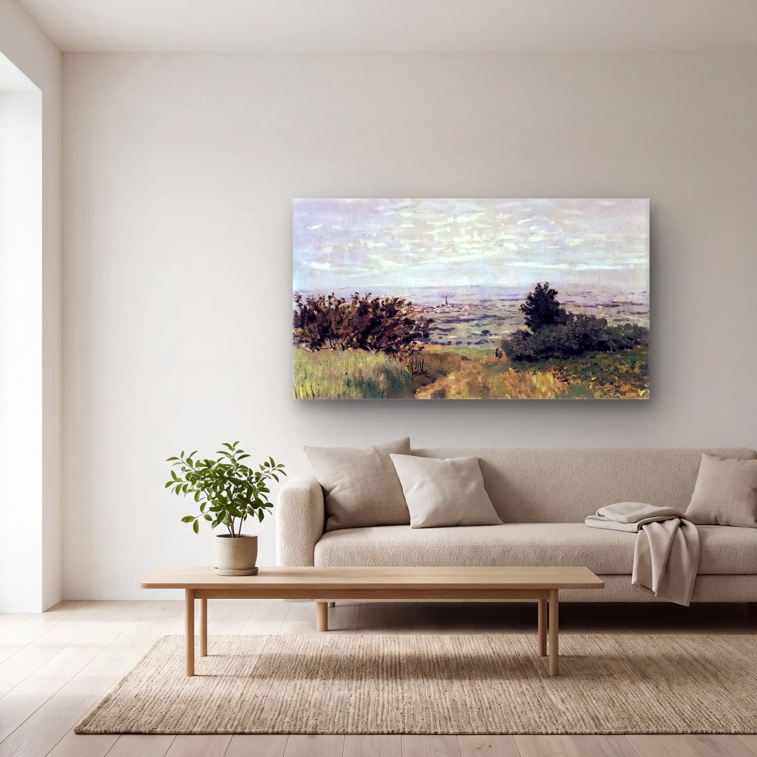 Claude Monet – The Plain of Sannois at Argenteuil cam tablo — açık renk salonda