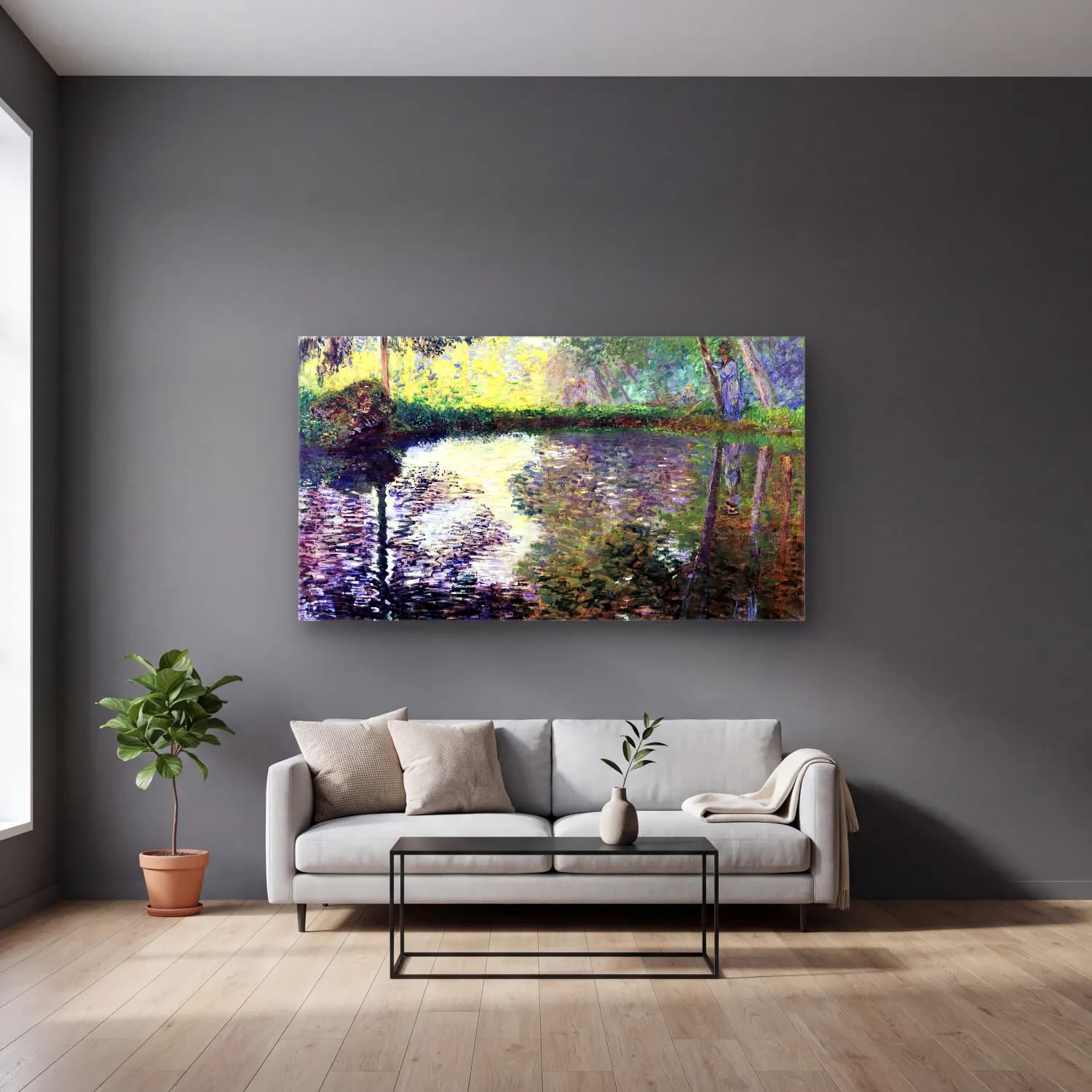 Claude Monet – The Pond at Montgeron cam tablo — gri duvarlı salonda