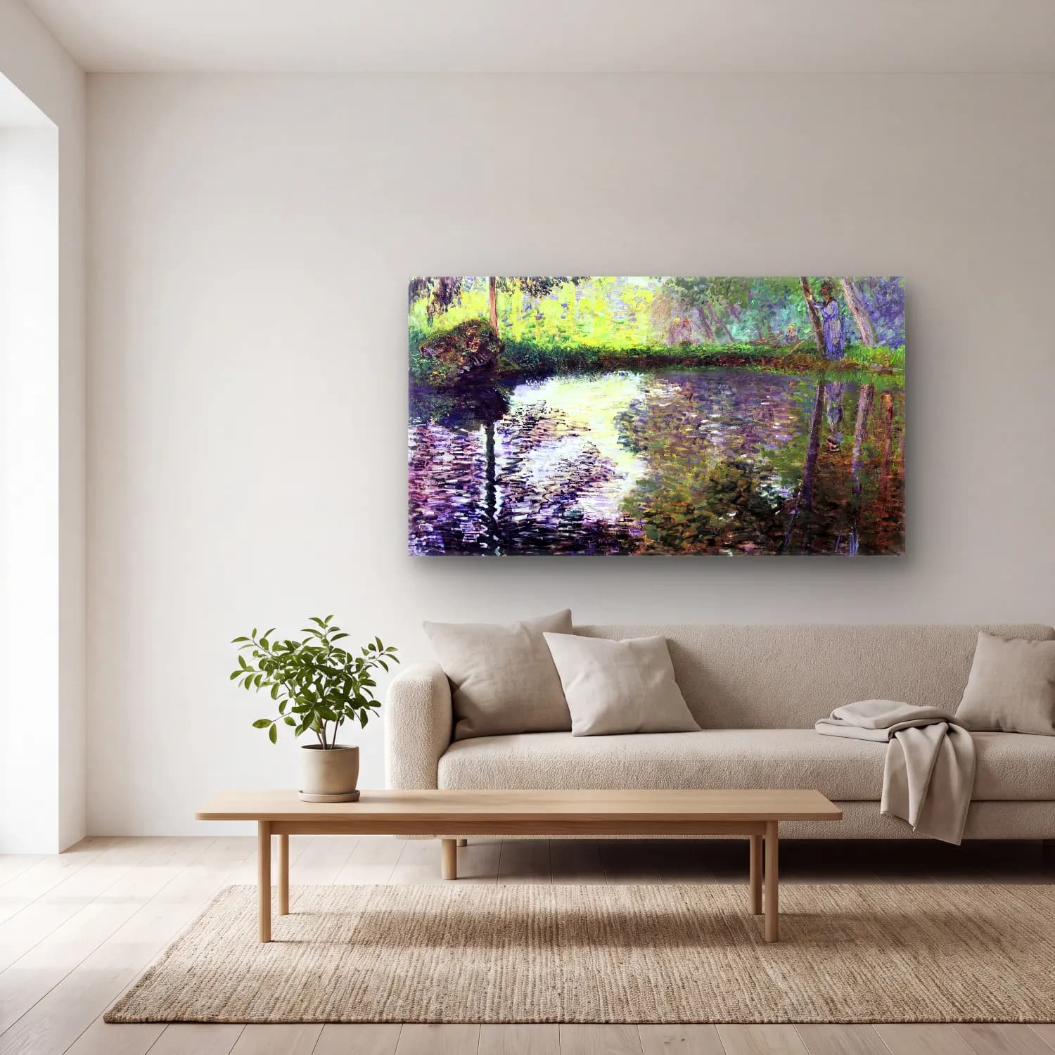 Claude Monet – The Pond at Montgeron cam tablo — açık renk salonda