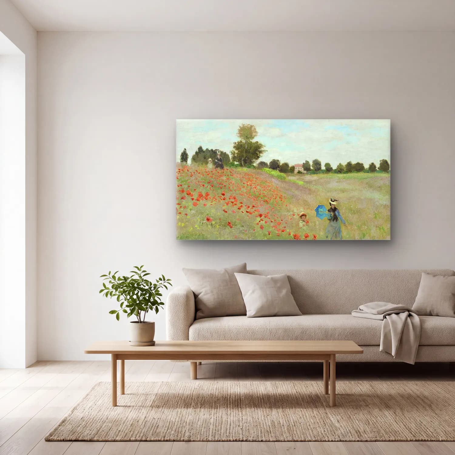 Claude Monet – The Poppy Field near Argenteuil cam tablo — açık renk salonda