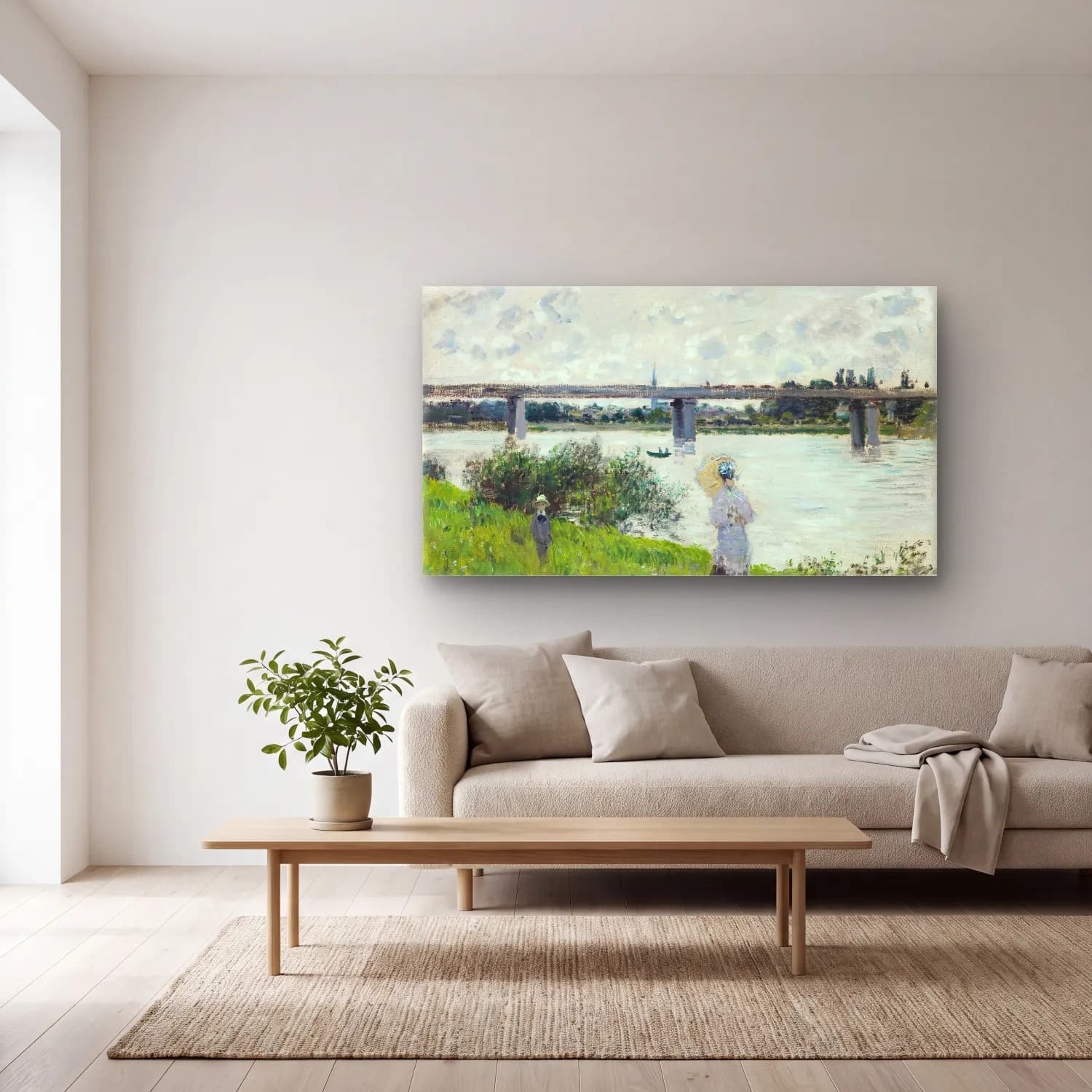 Claude Monet – The Promenade with the Railroad Bridge, Argenteuil cam tablo — açık renk salonda