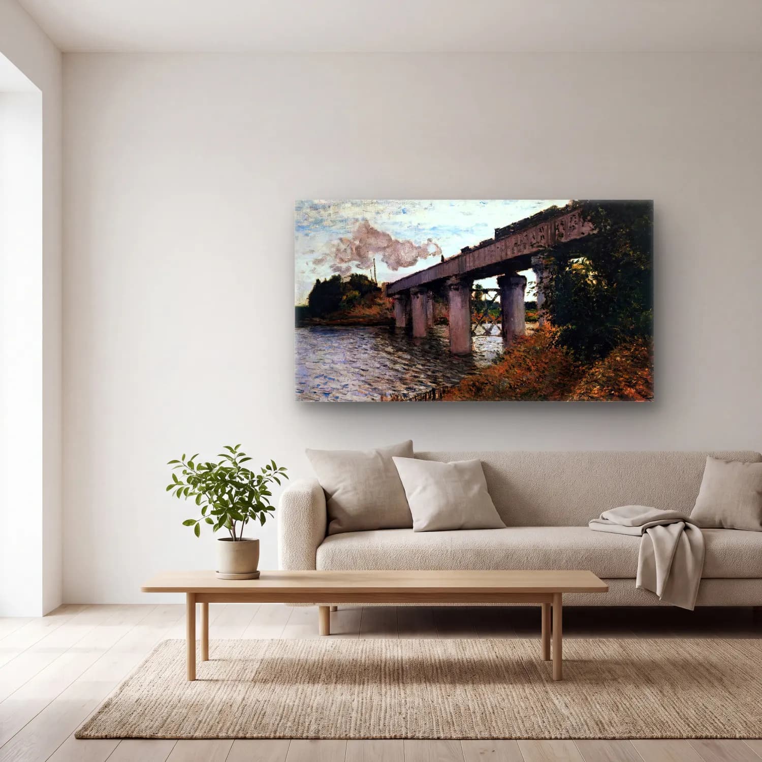 Claude Monet – The Railway Bridge at Argenteuil cam tablo — açık renk salonda