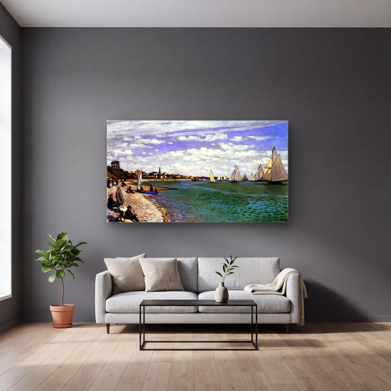Claude Monet – The Regatta at Sainte-Adresse cam tablo — gri duvarlı salonda