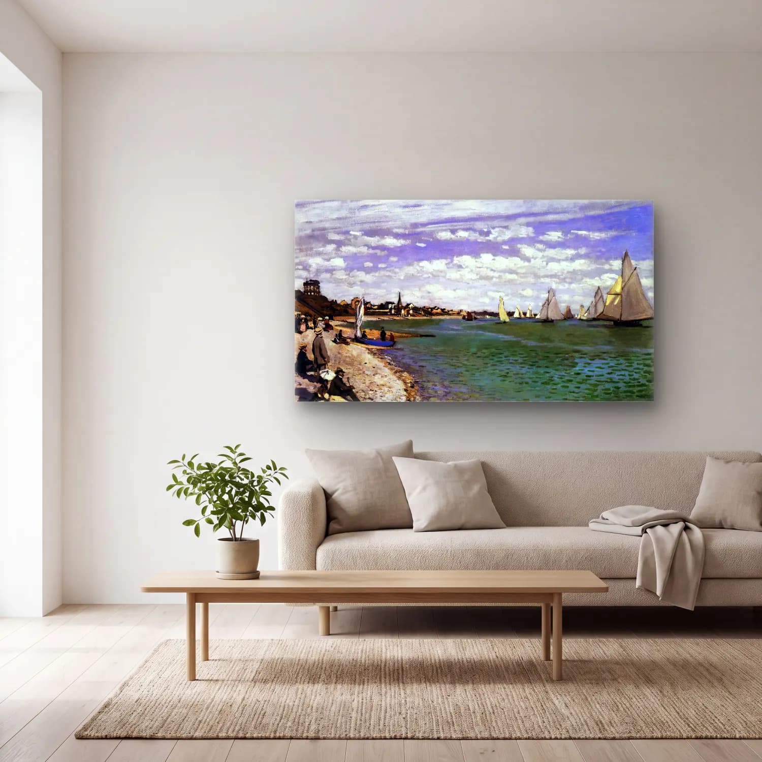 Claude Monet – The Regatta at Sainte-Adresse cam tablo — açık renk salonda