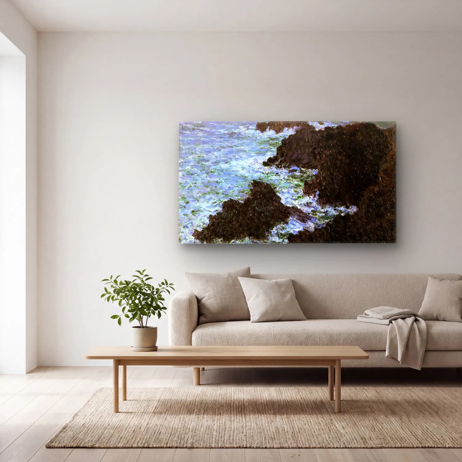 Claude Monet – The Rocks of Belle Ile (Rough Sea) cam tablo — açık renk salonda