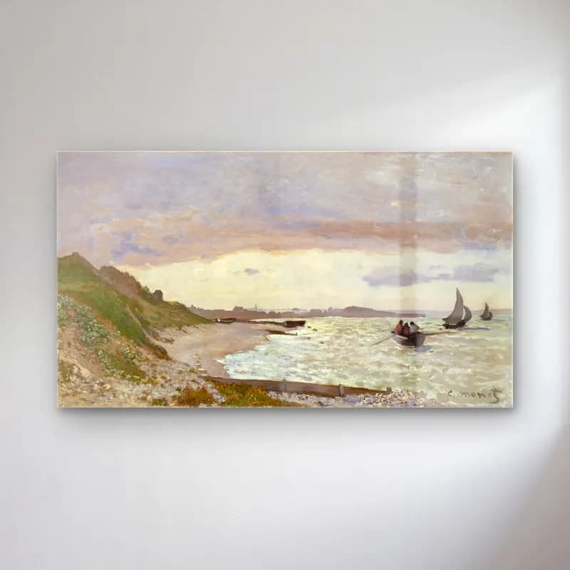 Claude Monet – The Seashore at Sainte-Adresse – Bej Tonlar cam tablo — Claude Monet – The Seashore at Sainte-Adresse – Bej Tonlar — empresyonist liman ve tekneler