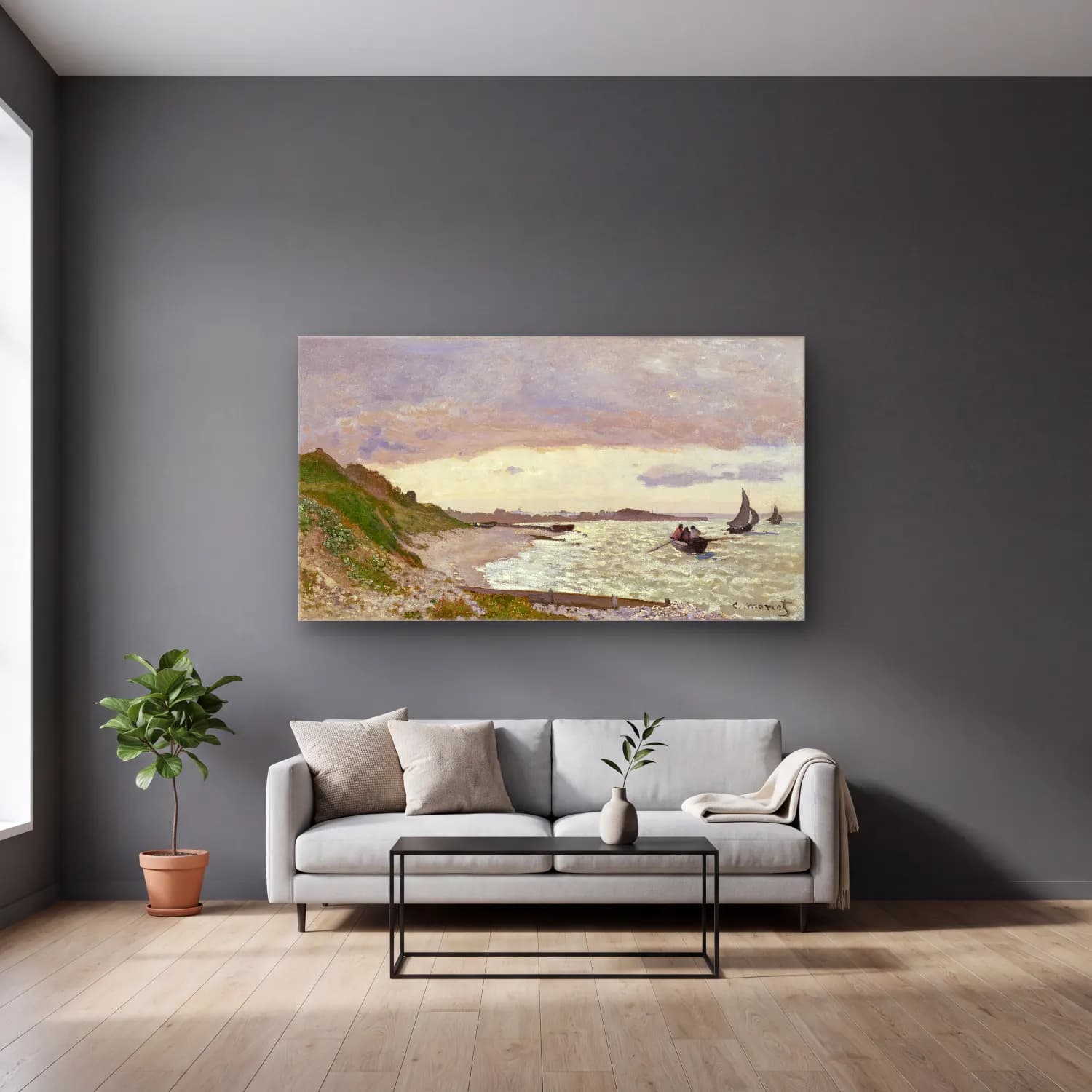 Claude Monet – The Seashore at Sainte-Adresse – Bej Tonlar cam tablo — gri duvarlı salonda