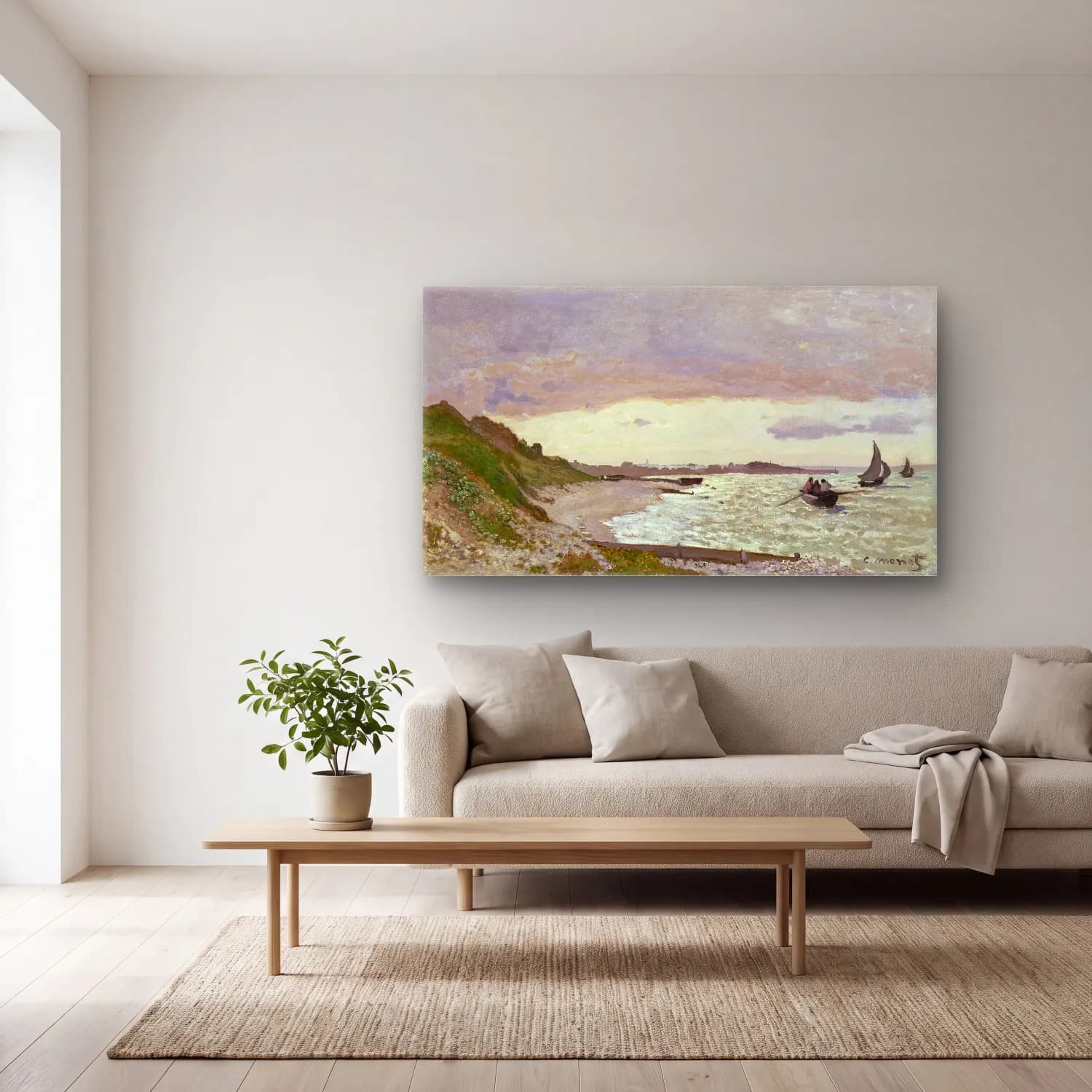 Claude Monet – The Seashore at Sainte-Adresse – Bej Tonlar cam tablo — açık renk salonda