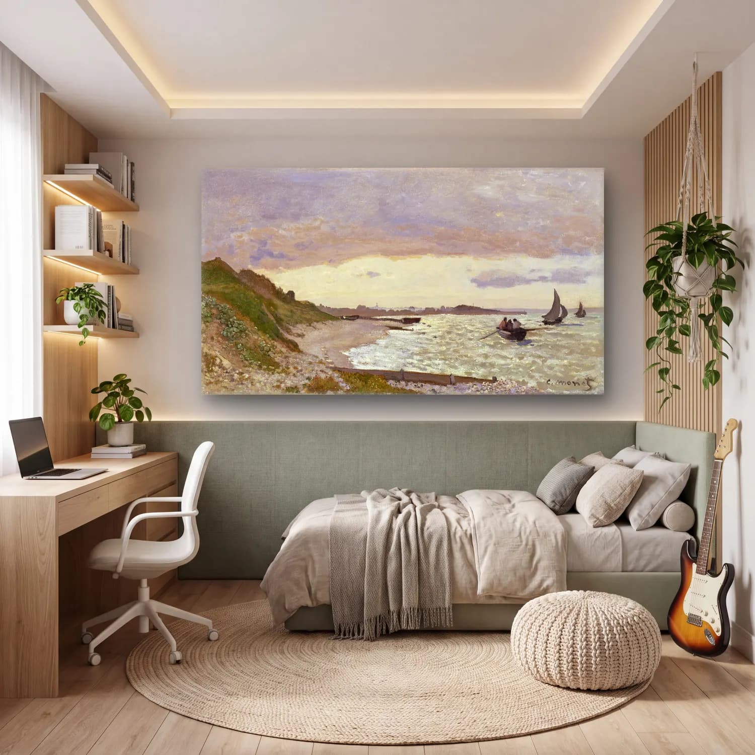 Claude Monet – The Seashore at Sainte-Adresse – Bej Tonlar cam tablo — genç odasında