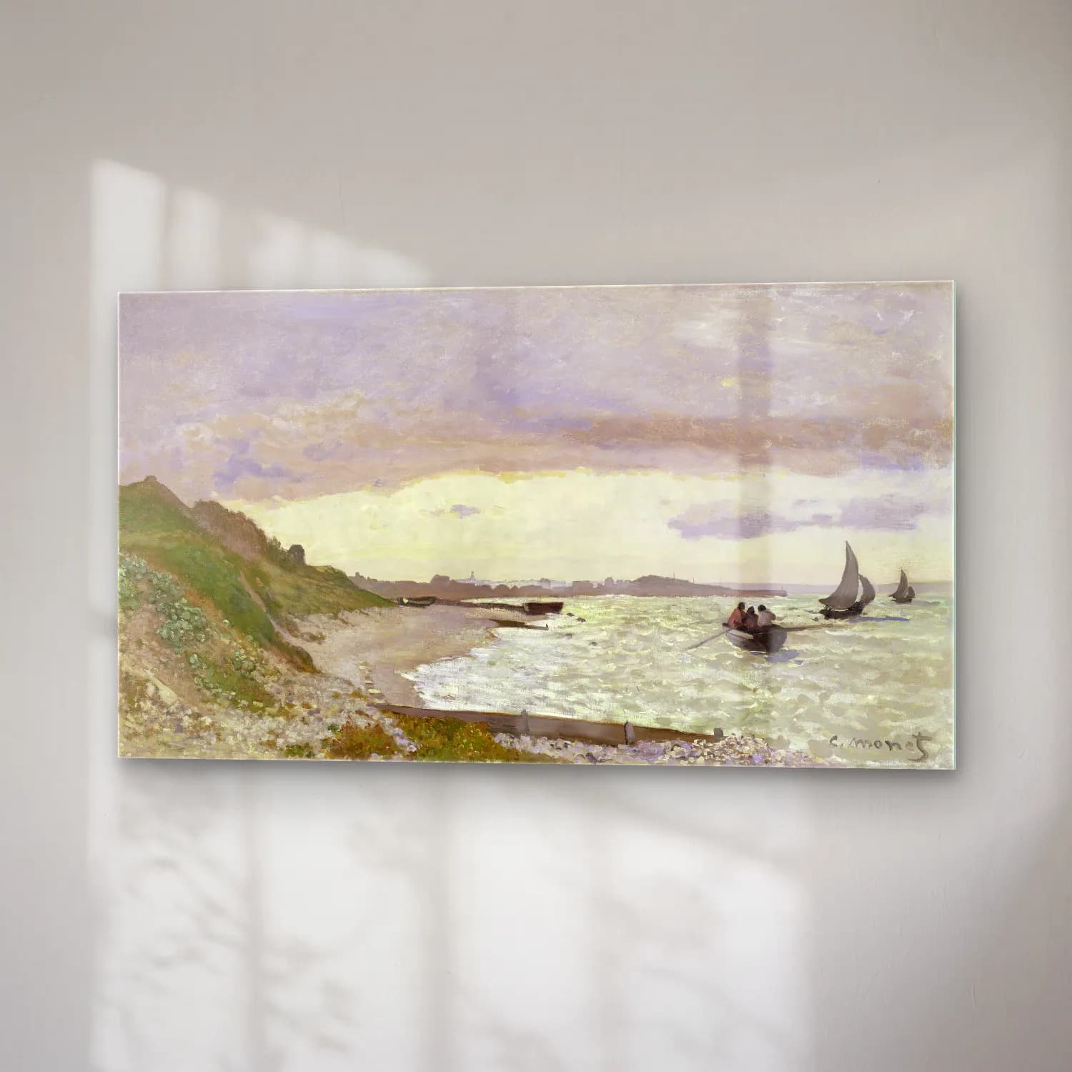 Claude Monet – The Seashore at Sainte-Adresse – Bej Tonlar cam tablo — sağ açıdan görünüm