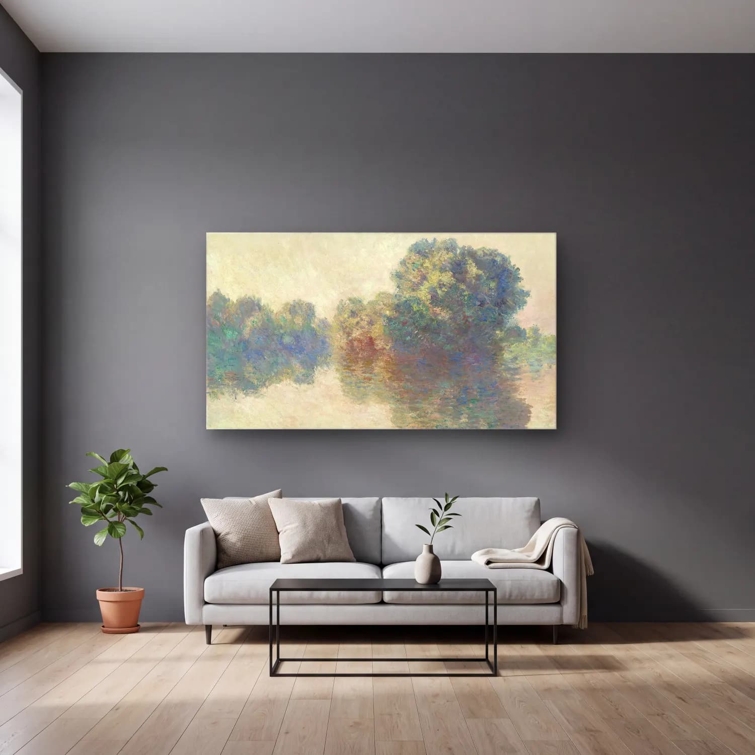 Claude Monet – The Seine at Giverny cam tablo — gri duvarlı salonda
